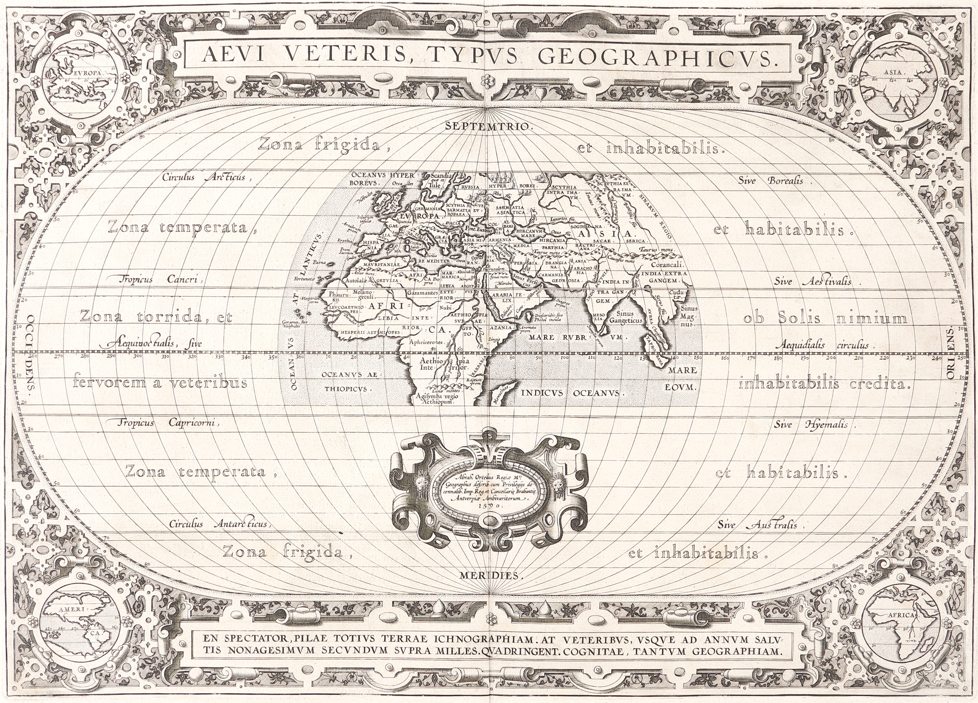 Hartă ”Lumea anticilor, inspirată de geografia lui Ptolemeu”, de Abraham Ortelius, ediţia Parergorn, Antwerp, 1579