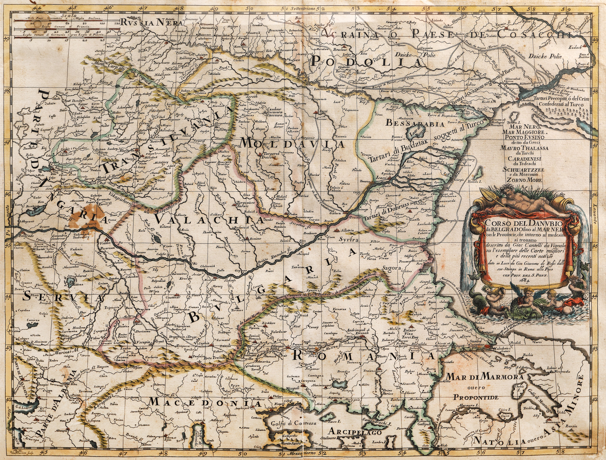 Hartă ”Cursul Dunării de la Belgrad la Marea Neagră”, de Cantelli da Vignola, Roma, 1684