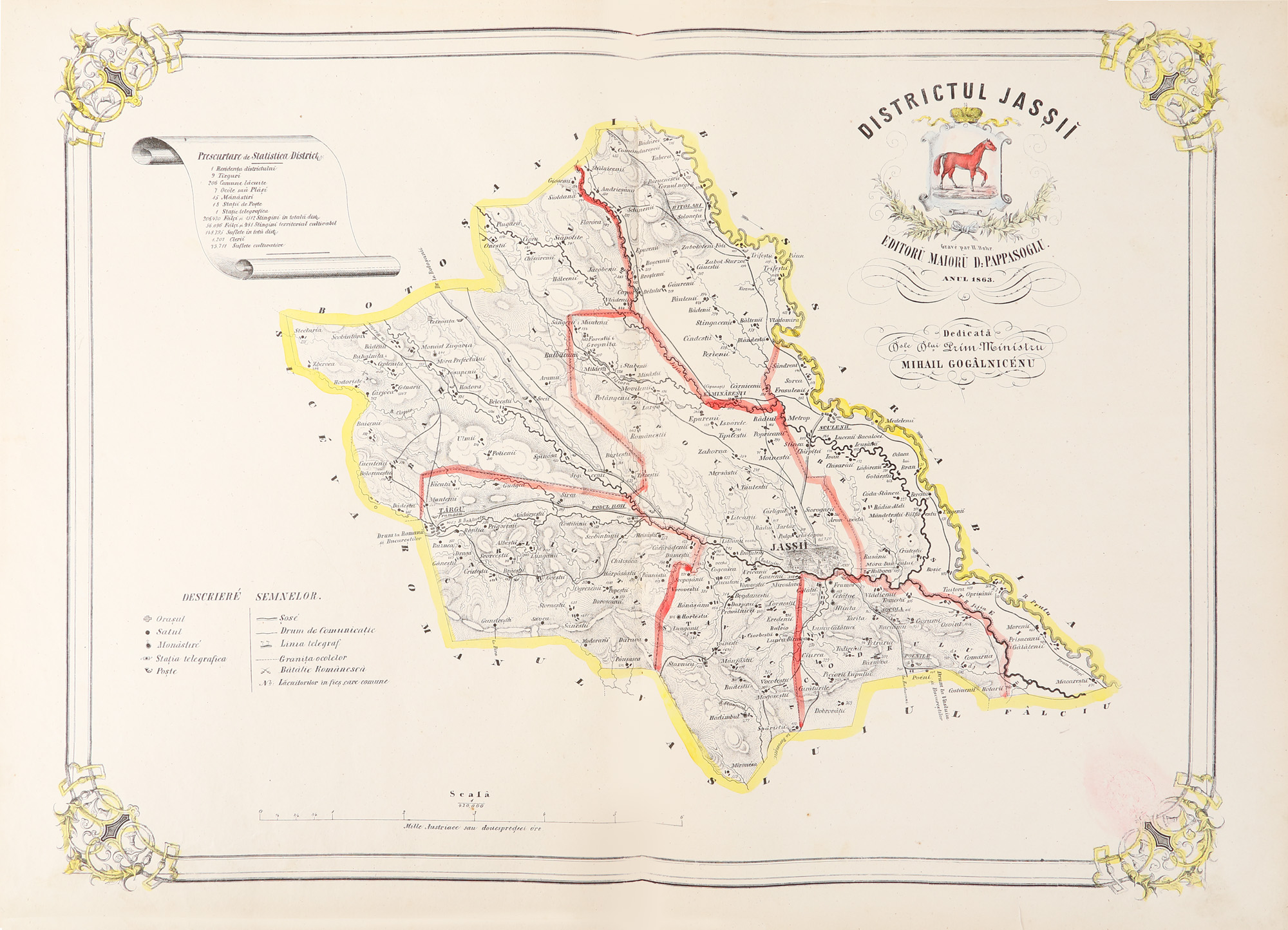"Districtul Iași" ("District of Iași") map by Dimitrie Papazoglu, Bucharest, 1863, very rare item