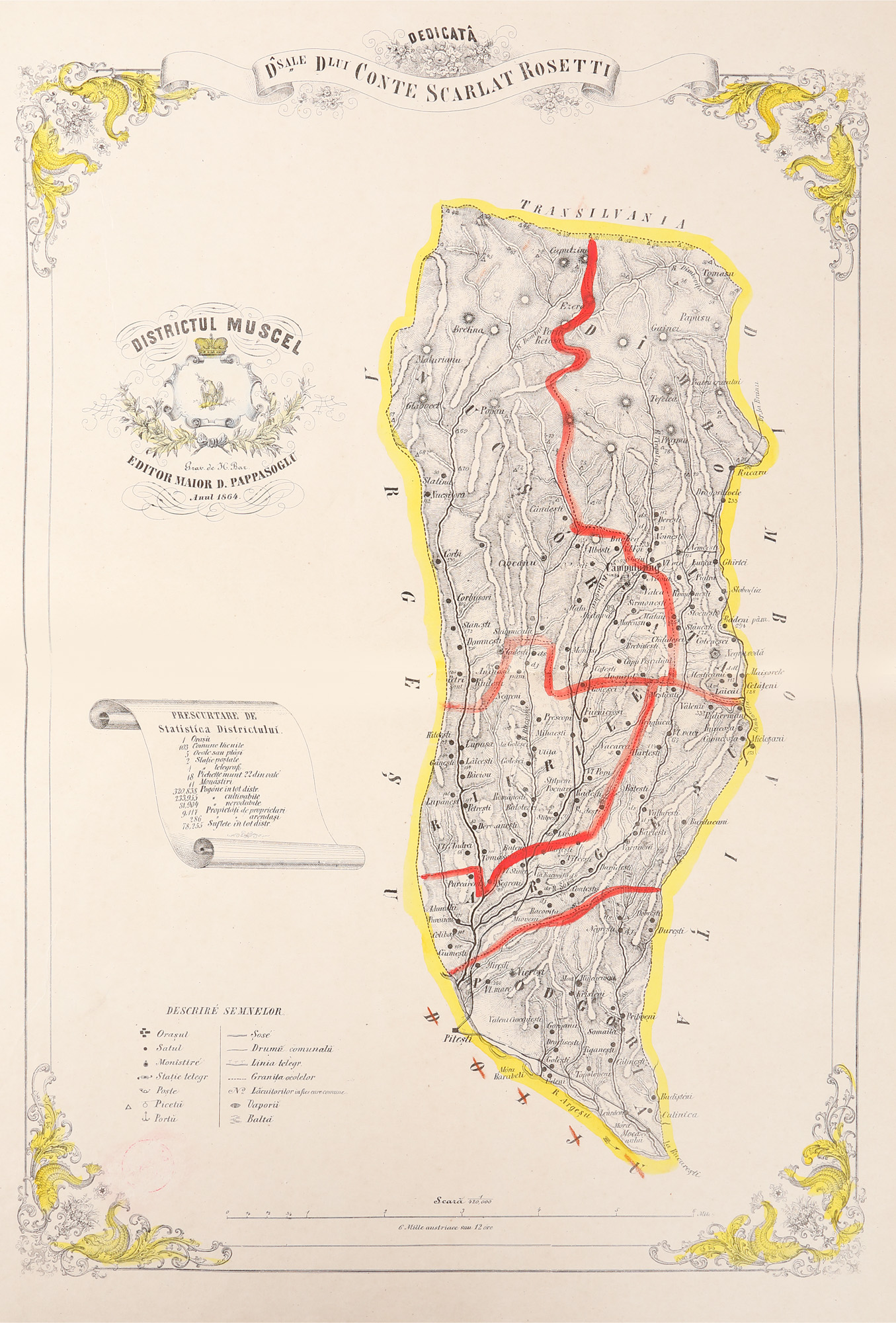 Hartă ”Districtul Muscel”, de Dimitrie Papazoglu, București, 1864, piesă foarte rară