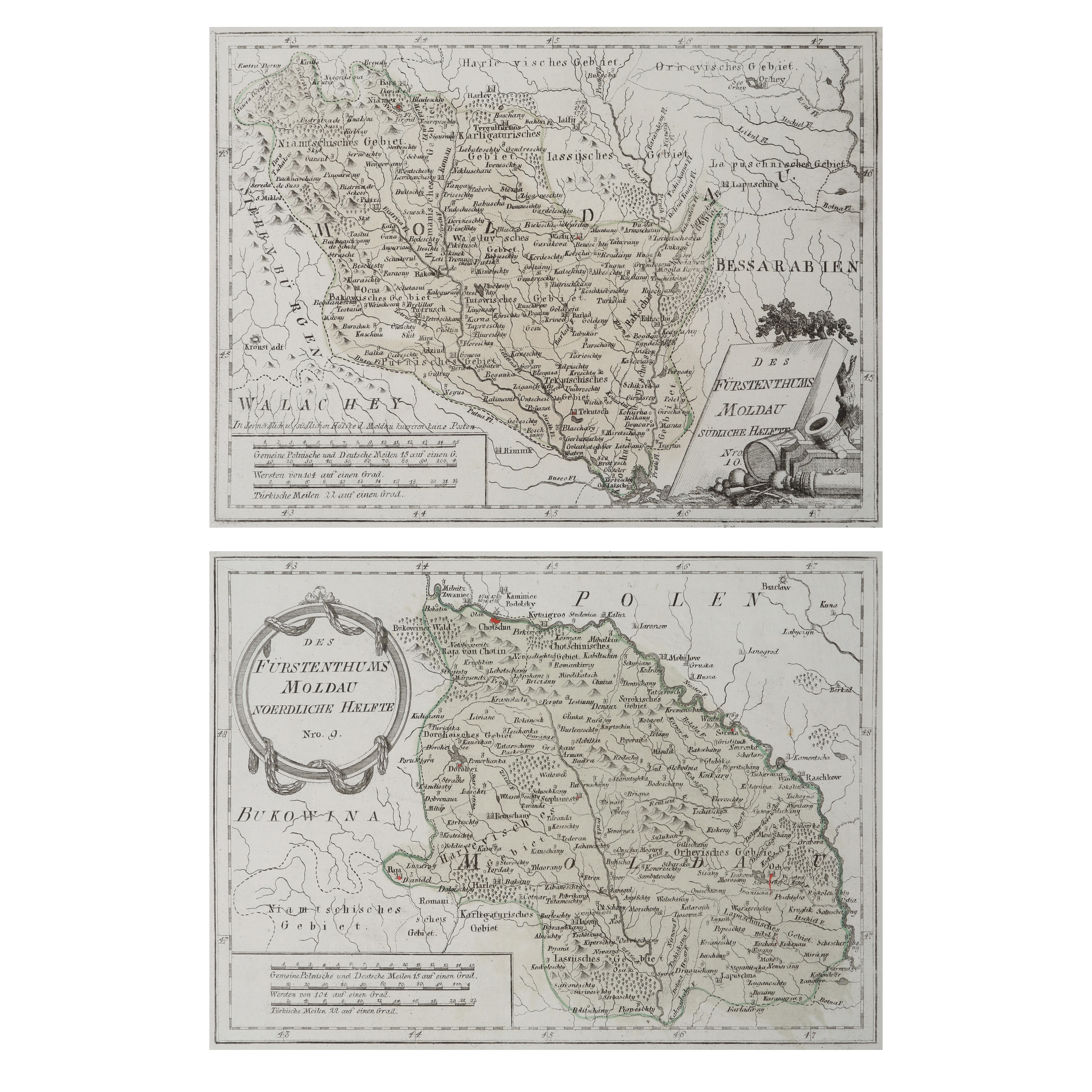 Lot format din două hărți ”Jumătatea de Nord a Principatului Moldovei” și ”Jumătatea de Sud a Principatului Moldovei”, de Franz Johann Joseph von Reilly, Viena, 1791