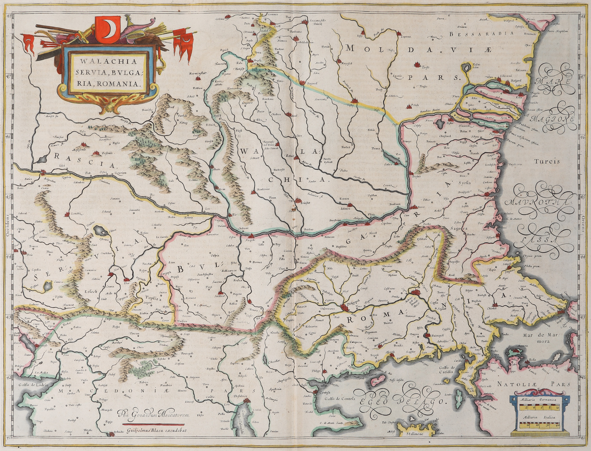 "Valahia, Serbia, Bulgaria, Romania" ("Wallachia, Serbia, Bulgaria, Romania") map by Willem Janszoon Blaeu, Amsterdam, 1635