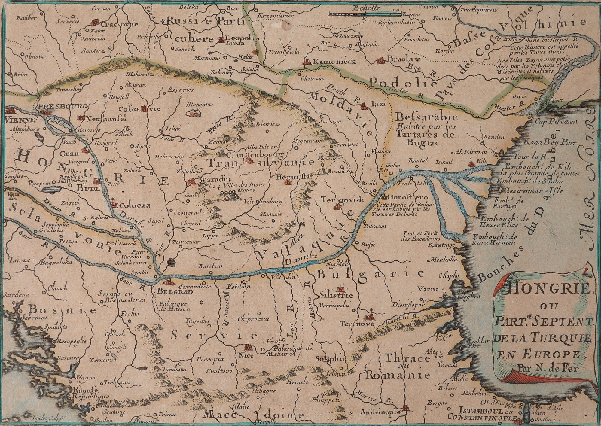 "Ungaria sau partea de nord a Turciei în Europa" ("Hungary or the Northern Part of Turkey in Europe") map by Nicolas de Fer, Paris, 1697