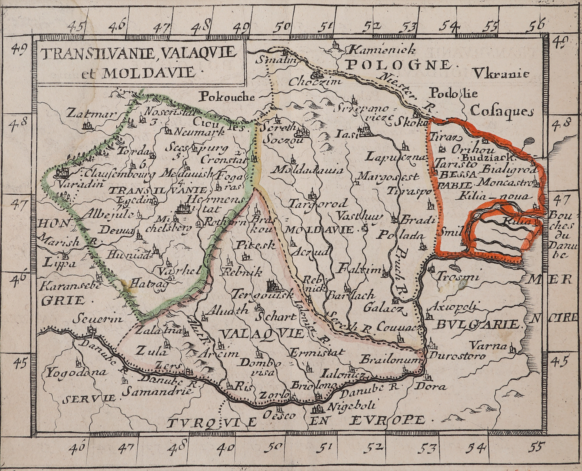 Hartă „Transilvania, Valahia și Moldova'', de Pierre Duval, Paris, 1682, piesă rară