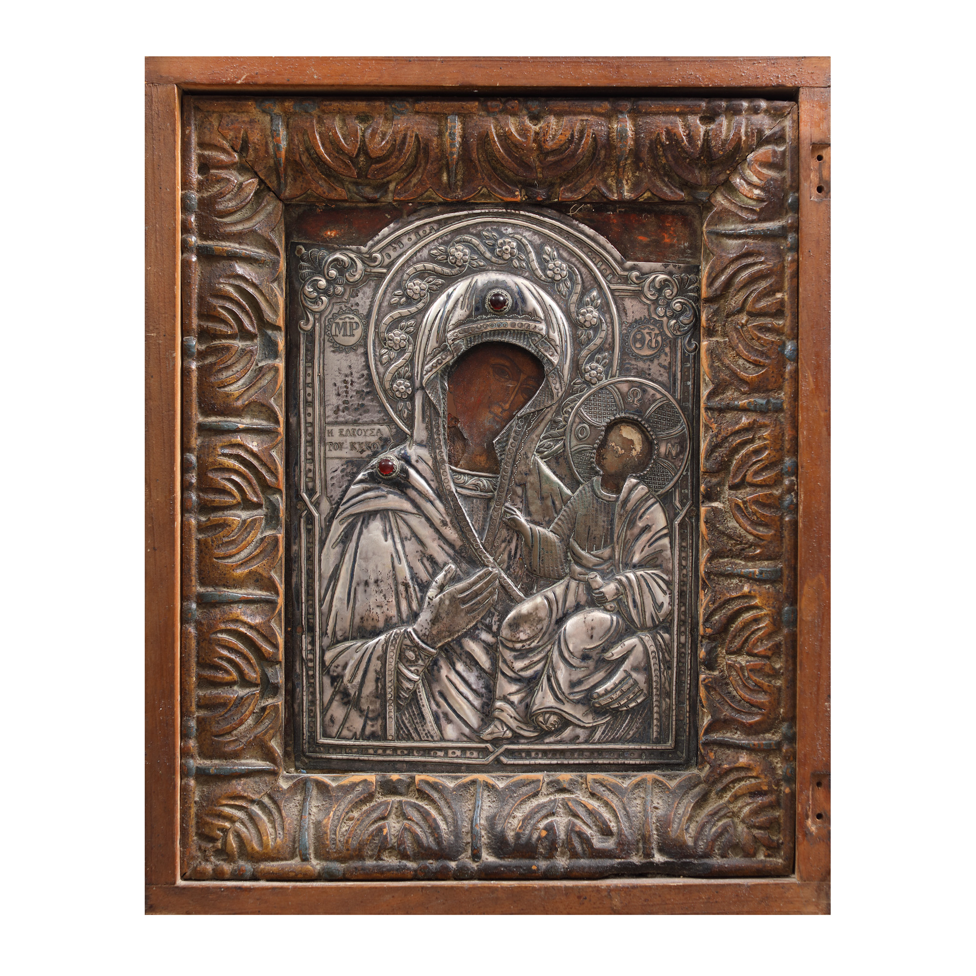 Religious icon on wood, with silver encasing, "Mother of God with Baby Jesus (Hodighitria)", Greek school, the end of the 18th century