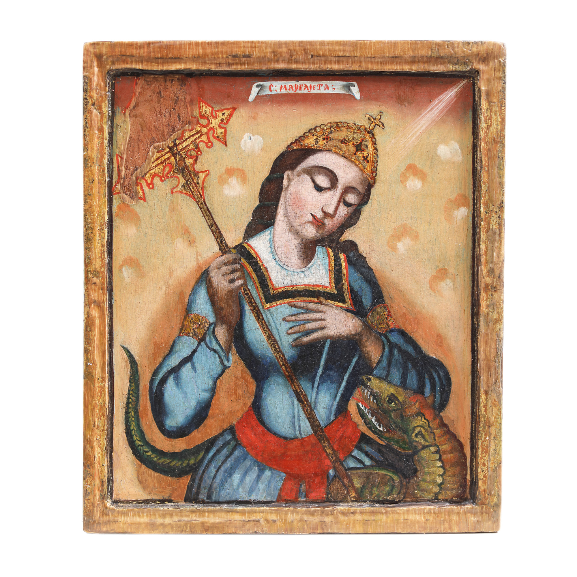 Icoană pe lemn, ”Sfânta Margareta”, școală transilvăneană, sfârșitul sec. XVIII, piesă rară, provine din colecția pictoriței Ileana Rădulescu