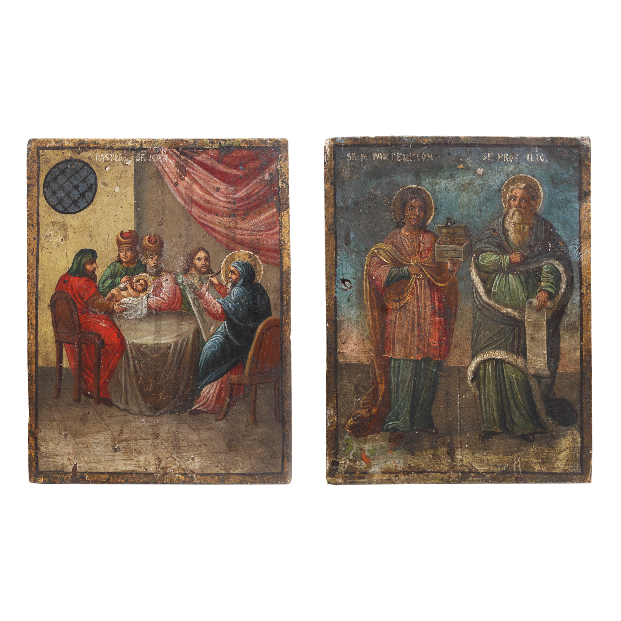Double commemorative icon, "Saint Pantaleon and Saint Prophet Elijah" and "Nativity of Saint John the Baptist", Romanian school, the second half of the 19th century