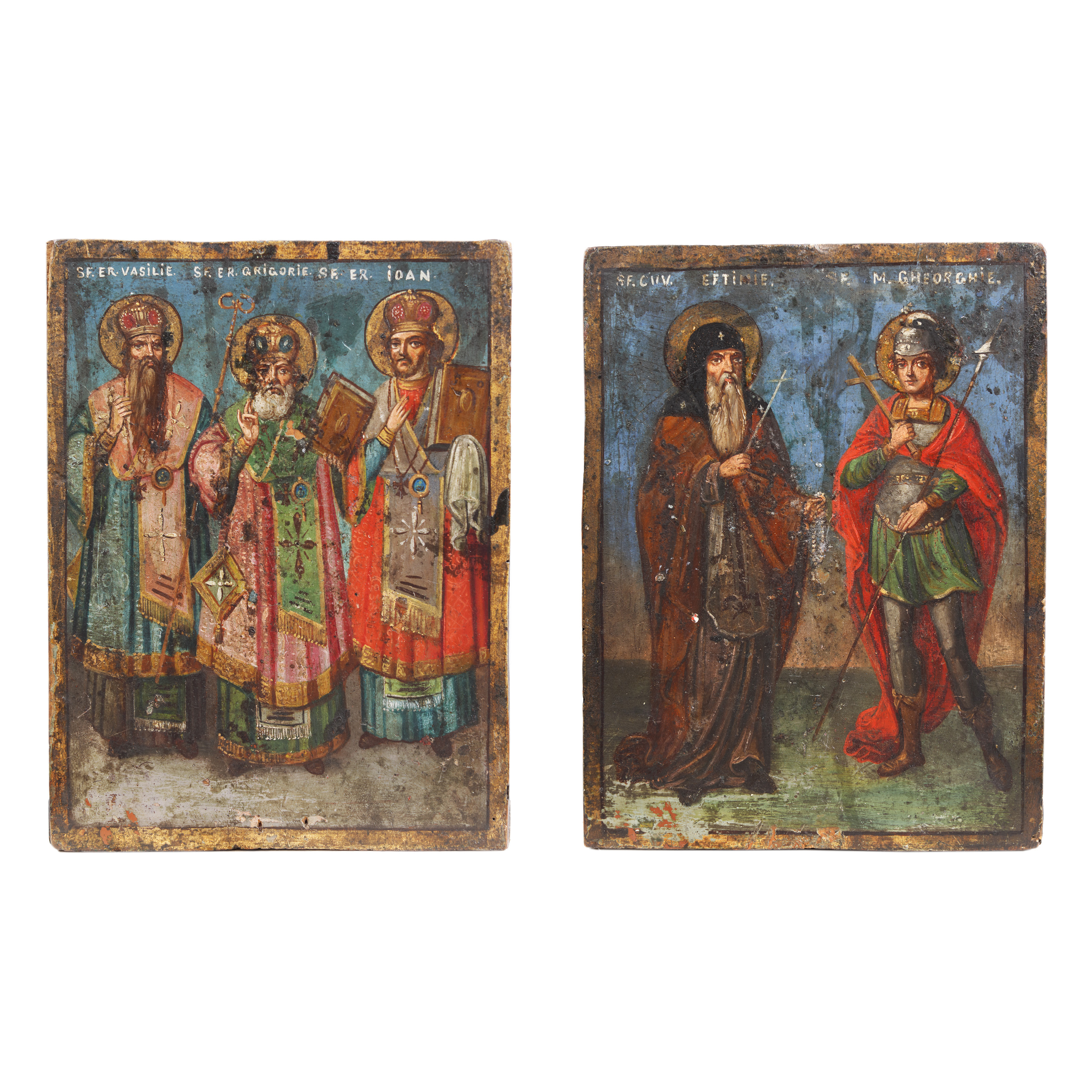 Double commemorative icon, "Saint Euthymius and Saint George" and "The Three Holy Hierarchs (Basil, Gregory and John)", Romanian school, the second half of the 19th century