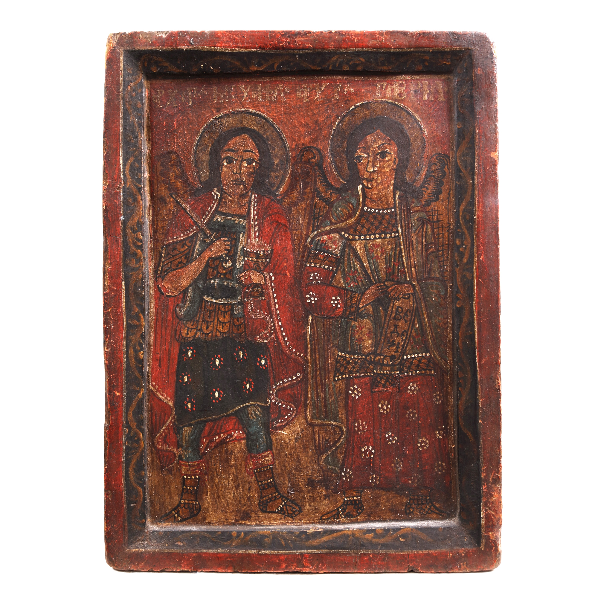 Religious icon on wood, "Saints Archangels Michael and Gabriel", Transylvanian school, the end of the 18th century - the beginning of the 19th century