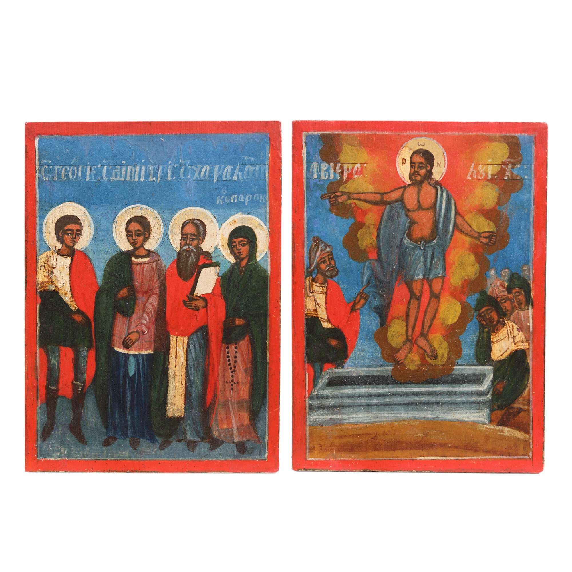 Double commemorative icon, "The Resurrection of the Lord" and "The Warrior Saints George and Dumitru, Saint Haralambos the deliverer of plague and famine and Saint Paraskeva (protector of Moldavia)", attributed to the painter Luca, 1859, collector’s item