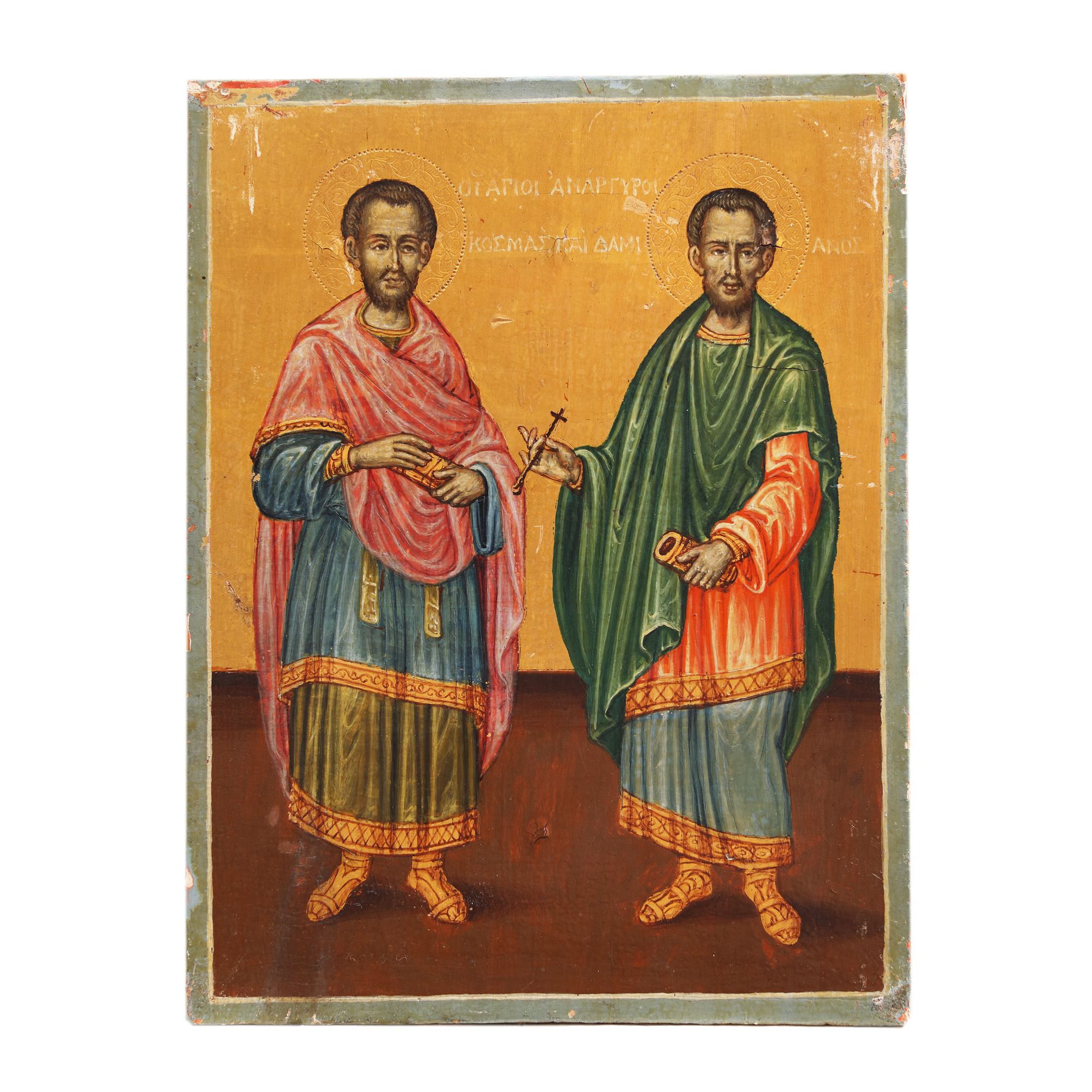 Religious icon on wood, "The Medical Doctors without silver Cosmas and Damian", Greek school, mid-19th century