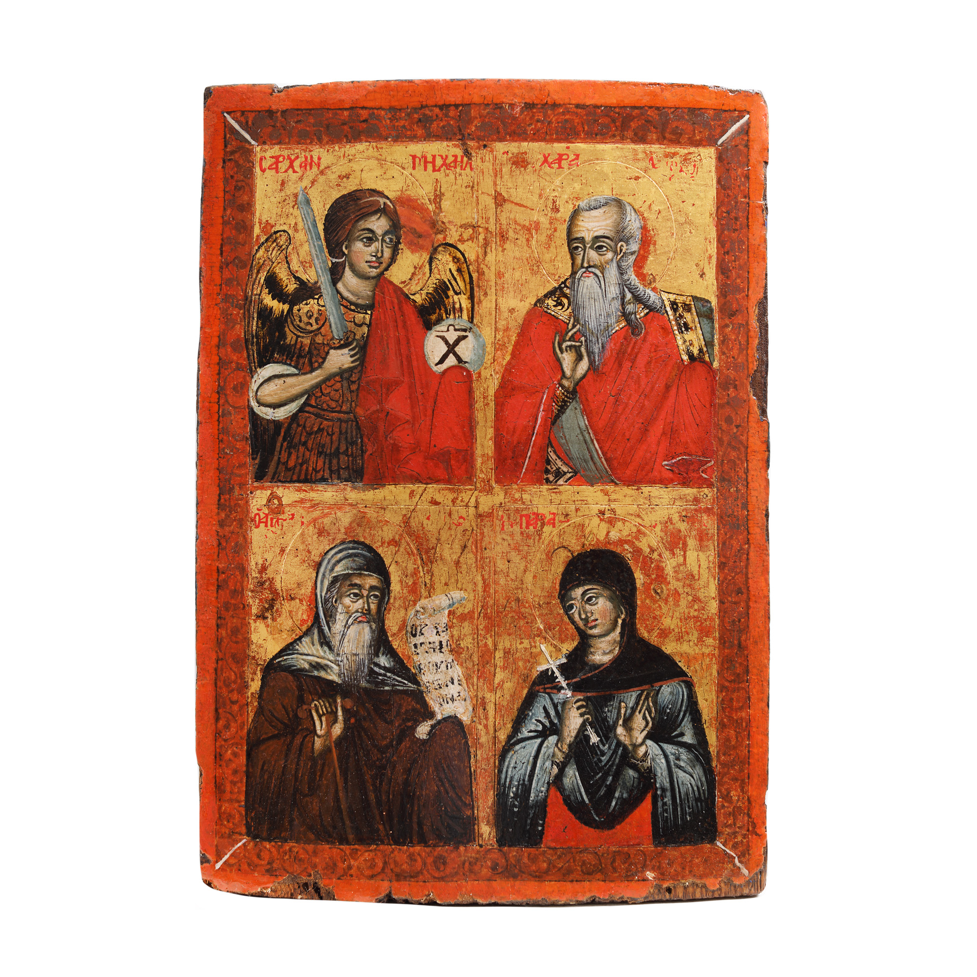 Religious icon on wood, "Saint Michael the Archangel, Saint Haralambos, Saint Paraskeva and a Saint", Greek school, the end of the 18th century - the beginning of the 19th century