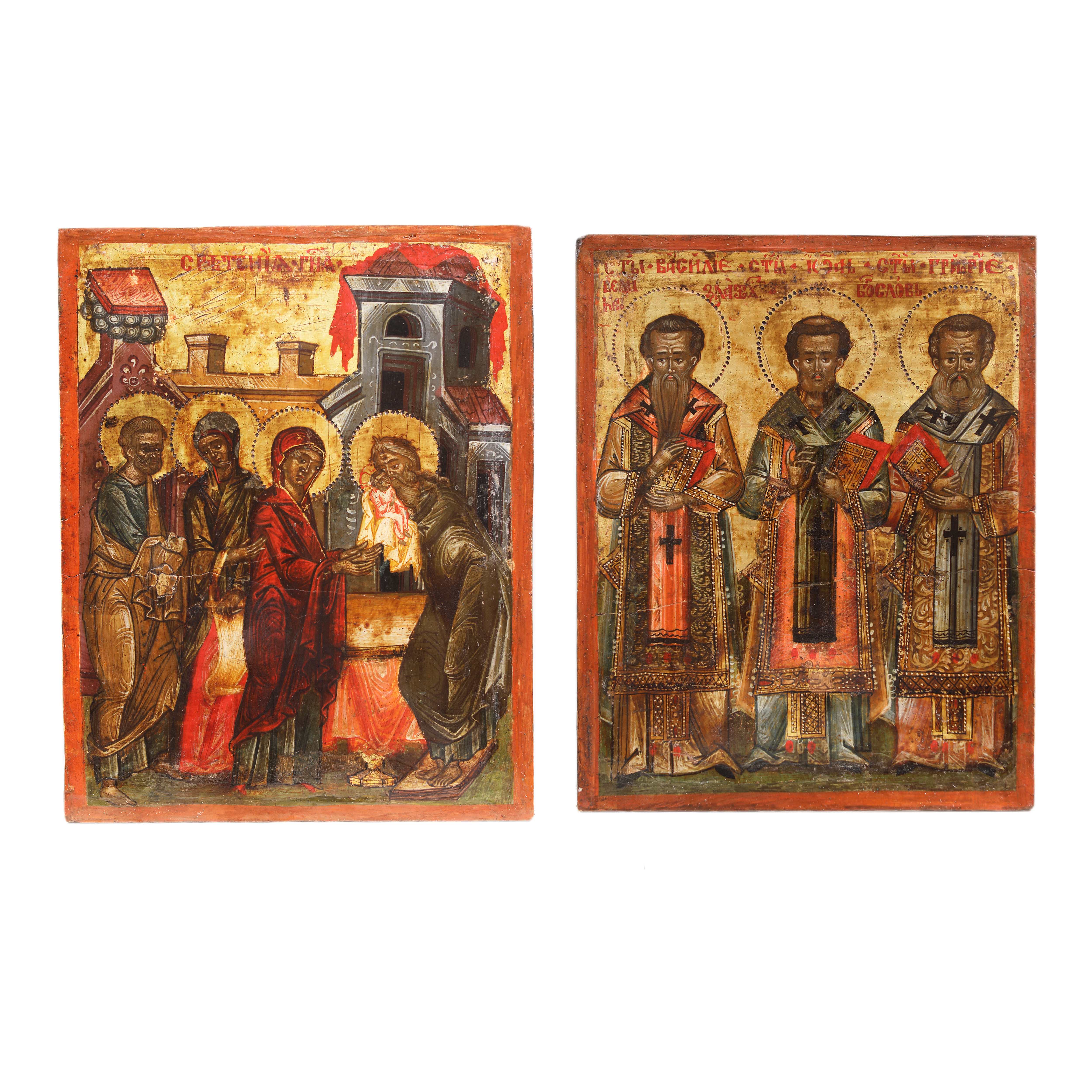 Double commemorative icon on wood, "The Three Holy Hierarchs" and "The Presentation at the Temple", Brâncoveanu school, the era of Constantin Brâncoveanu, the end of the 17th century - the beginning of the 18th century, rare piece, collector’s item