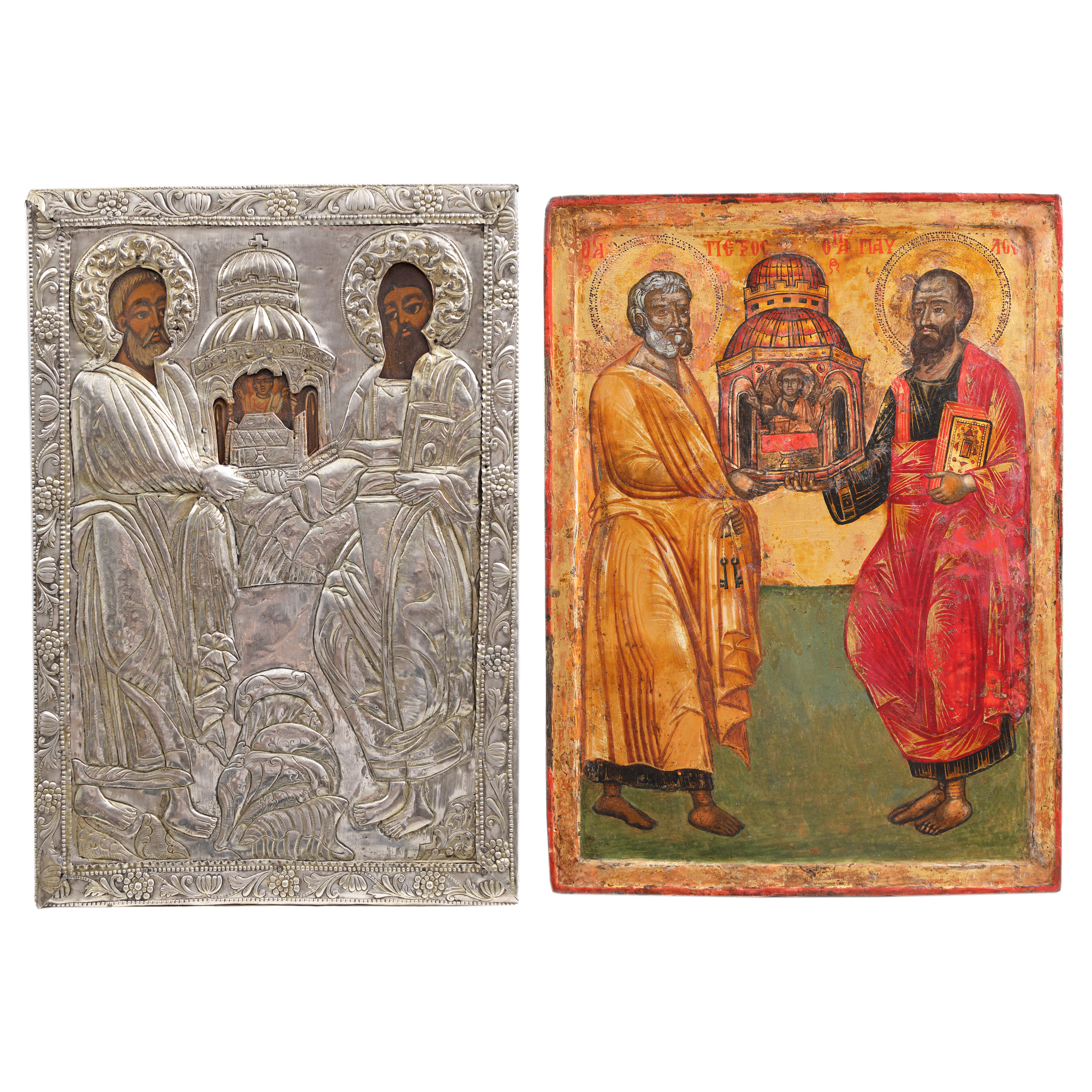 Icon on wood, "Holy Apostles Peter and Paul", Greek school, middle of the 17th century, and icon with silver encasing, "Holy Apostles Peter and Paul", Romanian school, first half of the 19th century, rare pieces