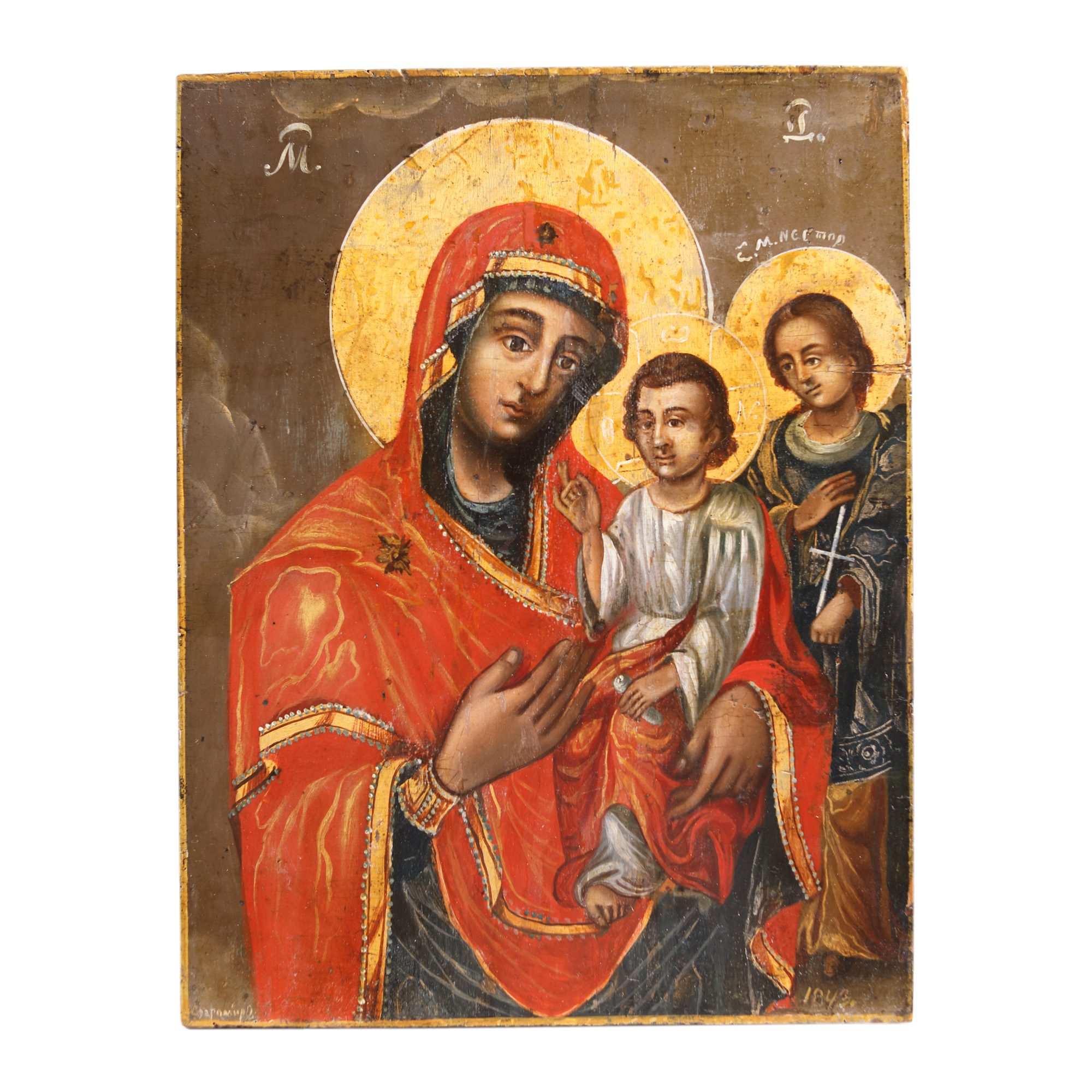 Religious icon on wood, "Mother of God with Baby Jesus and Saint Nestor", painter Dragomir, 1843