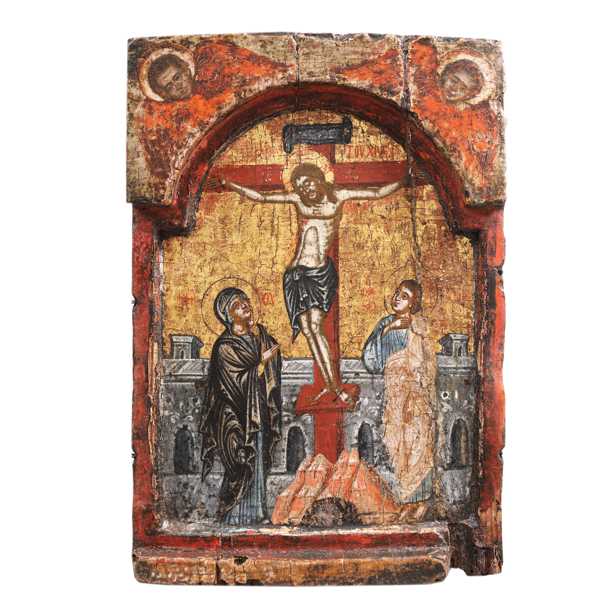 Religious icon on wood, "The Crucifixion of the Lord", Wallachia, Greek school, the era of Matei Basarab, the first half of the 17th century, rare piece, collector’s item