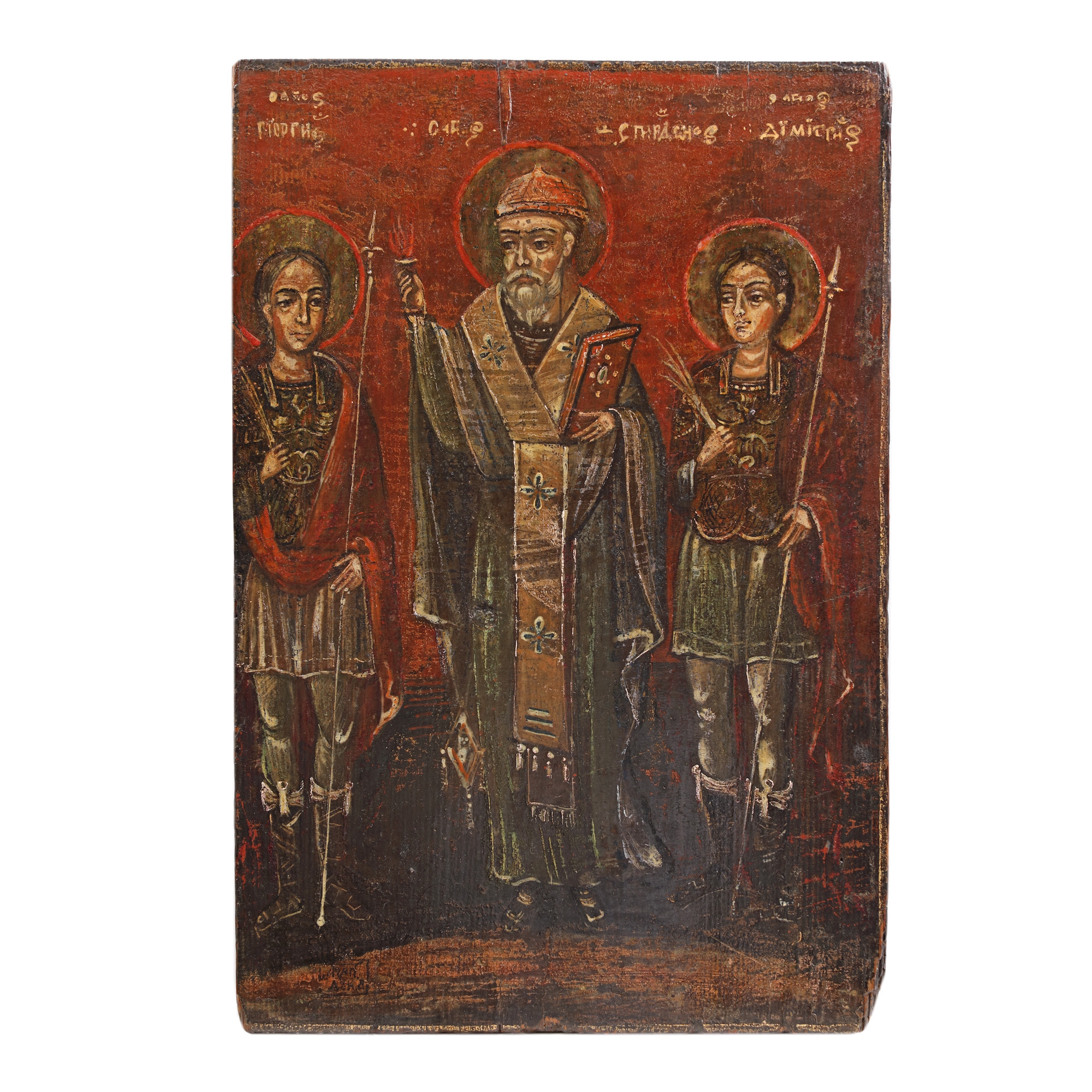 Religious icon on wood, "Saints George, Spiridon and Dimitrie", Romanian school, first half of the 19th century