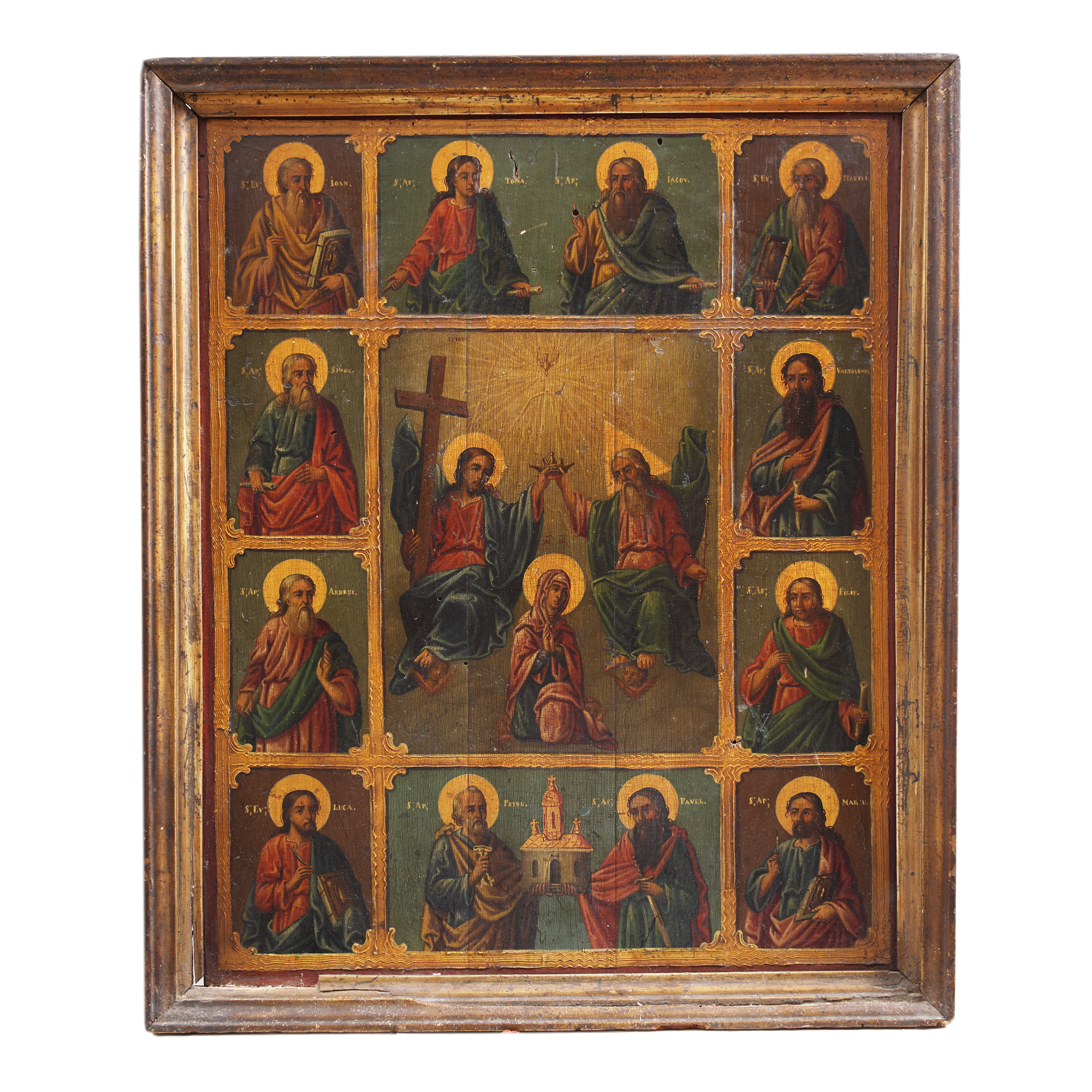Icoană pe lemn, ”Sfânta Treime (Încoronarea Fecioarei) și 12 sfinți”, școală românească (Căldărușani), a doua jumătatea sec. XIX, piesă rară, de colecție