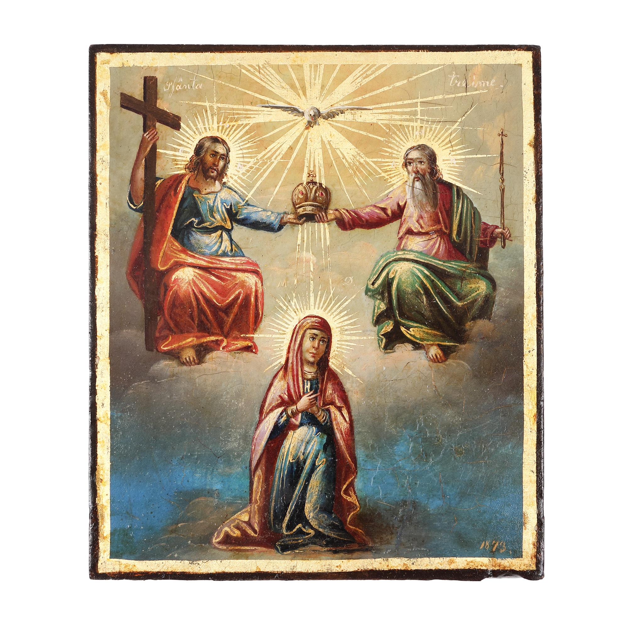 Religious icon on wood, "Holy Trinity (Coronation of the Virgin Mary)", Romanian school, 1873