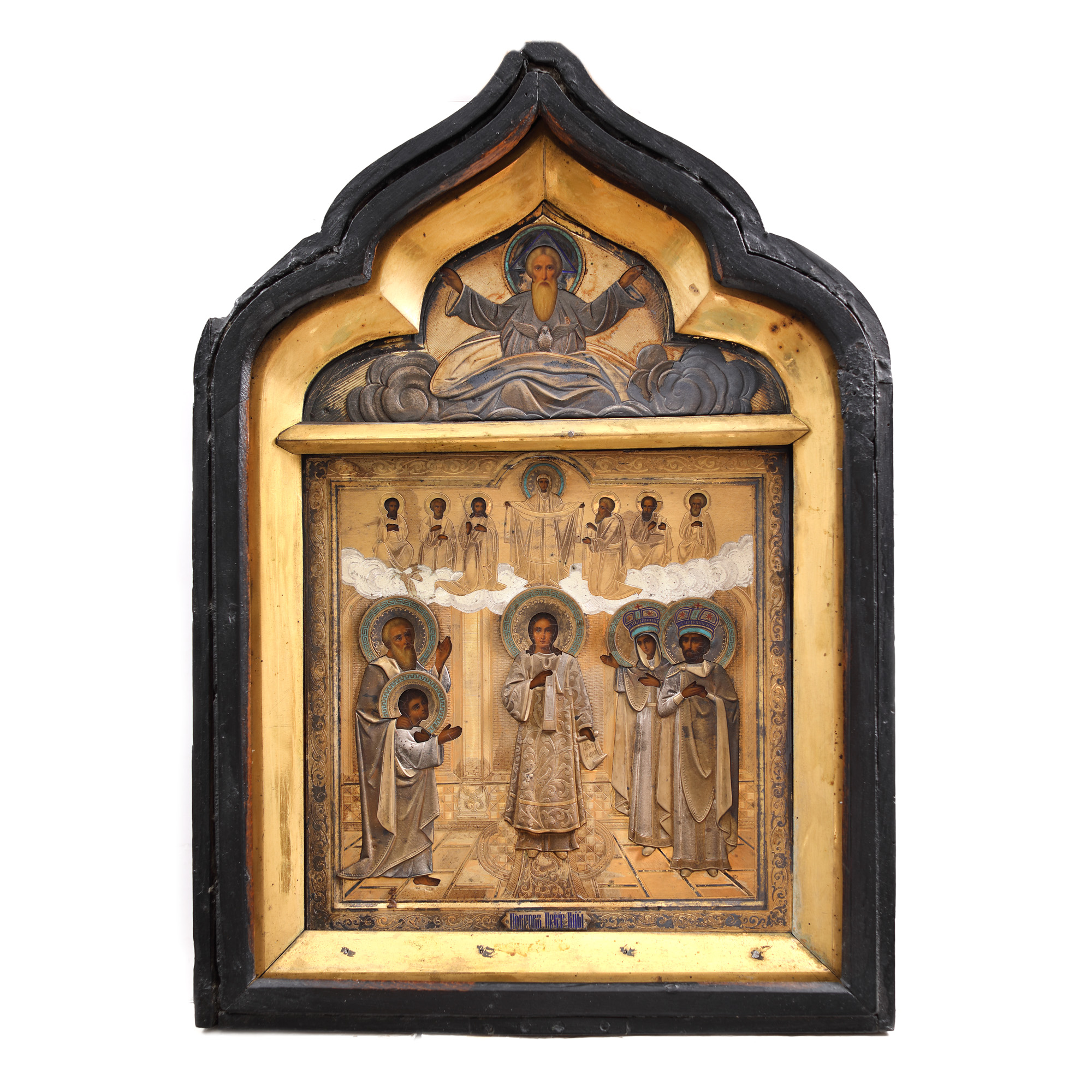 Religious icon on wood with gilded silver and enamel encasing, "Holy Virgin Protection", Russian school, beginning of the 20th century, extremely rare piece, collector's item