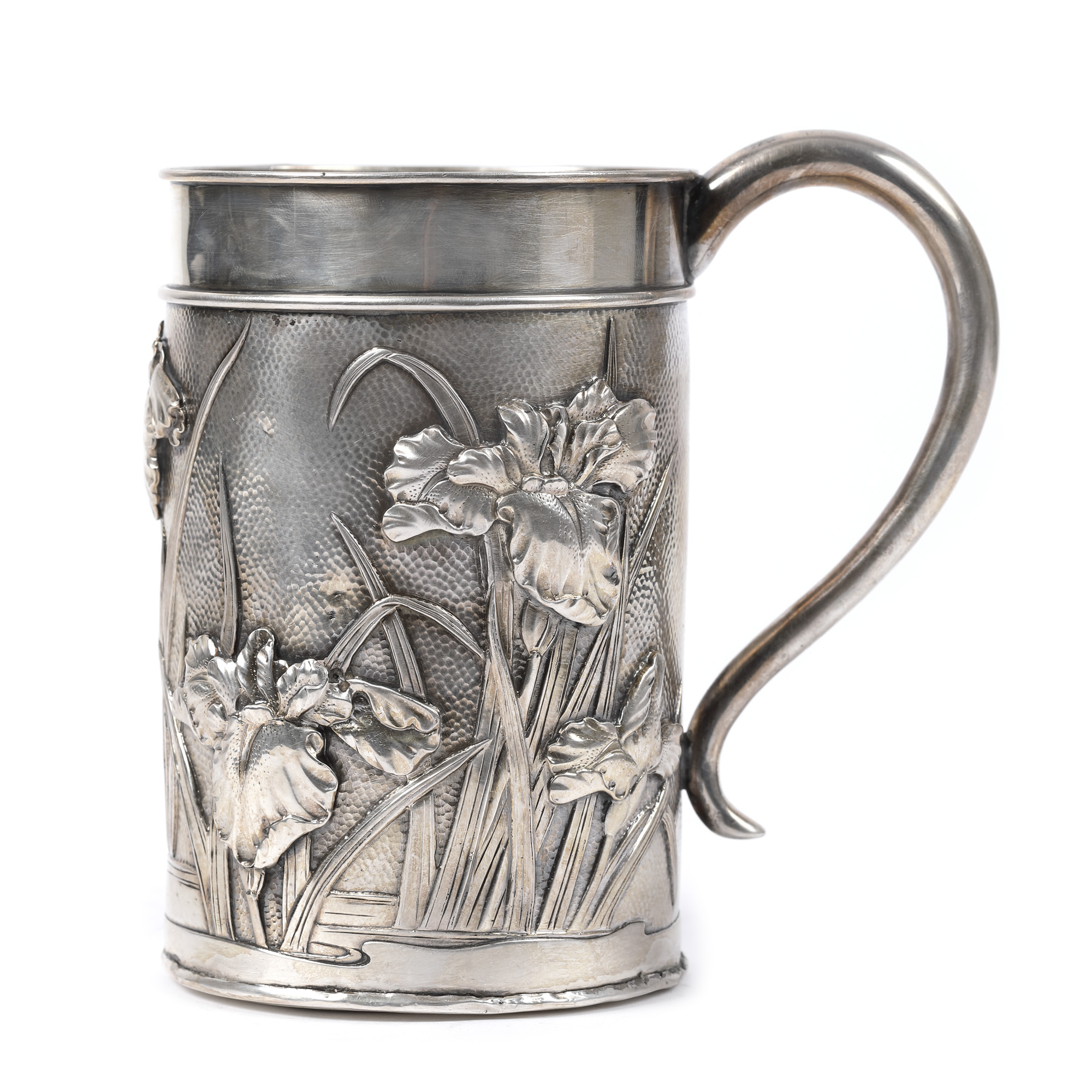 Art Nouveau silver Konoike carafe decorated with iris flowers, Meiji period, approx. 1900-1910