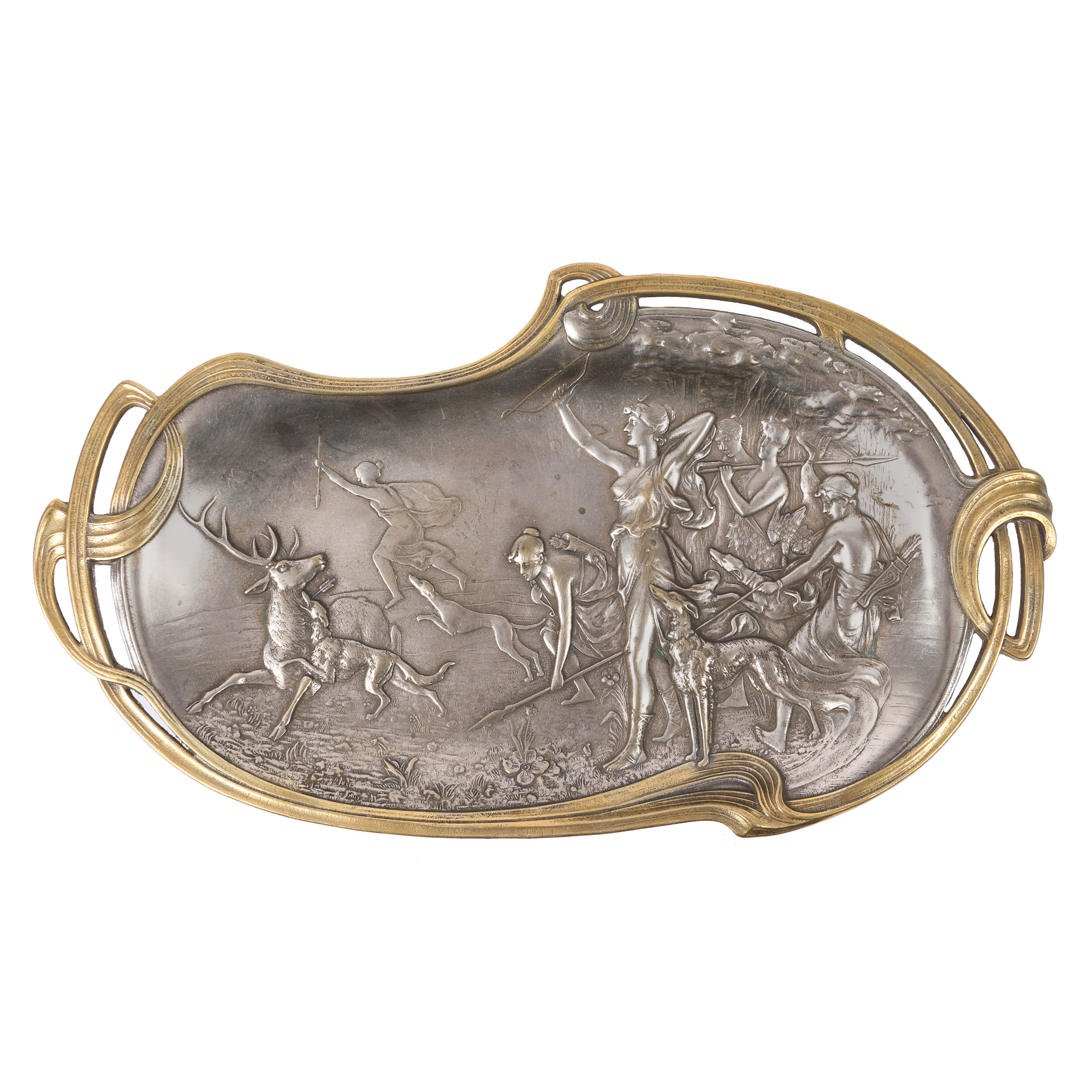 WMF Art Nouveau platter, a representation of the goddess Diana hunting Actaeon, approx. 1900