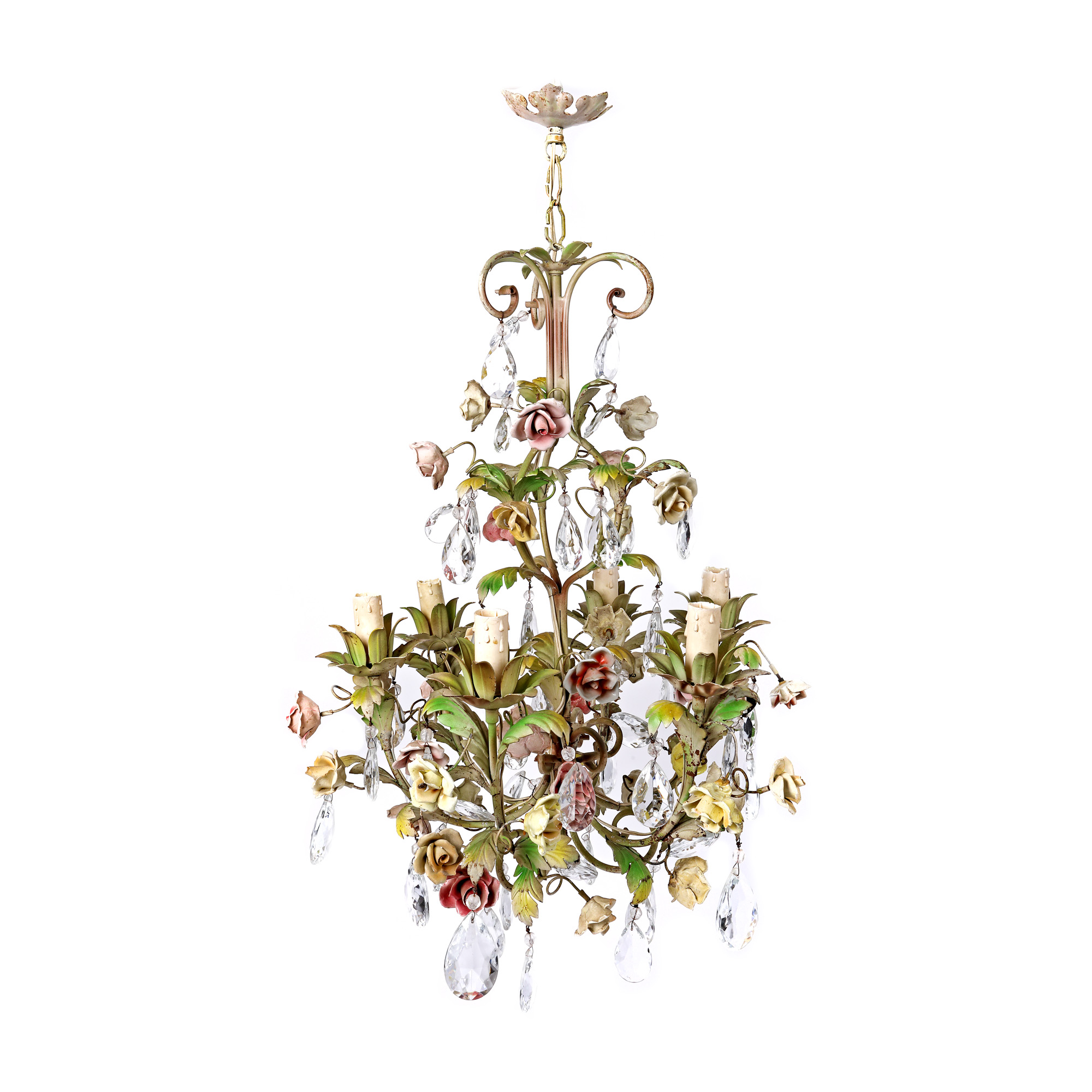 Candelabru din bronz emailat, decorat cu flori de trandafir din porțelan Capodimonte și cristal, începutul sec. XX