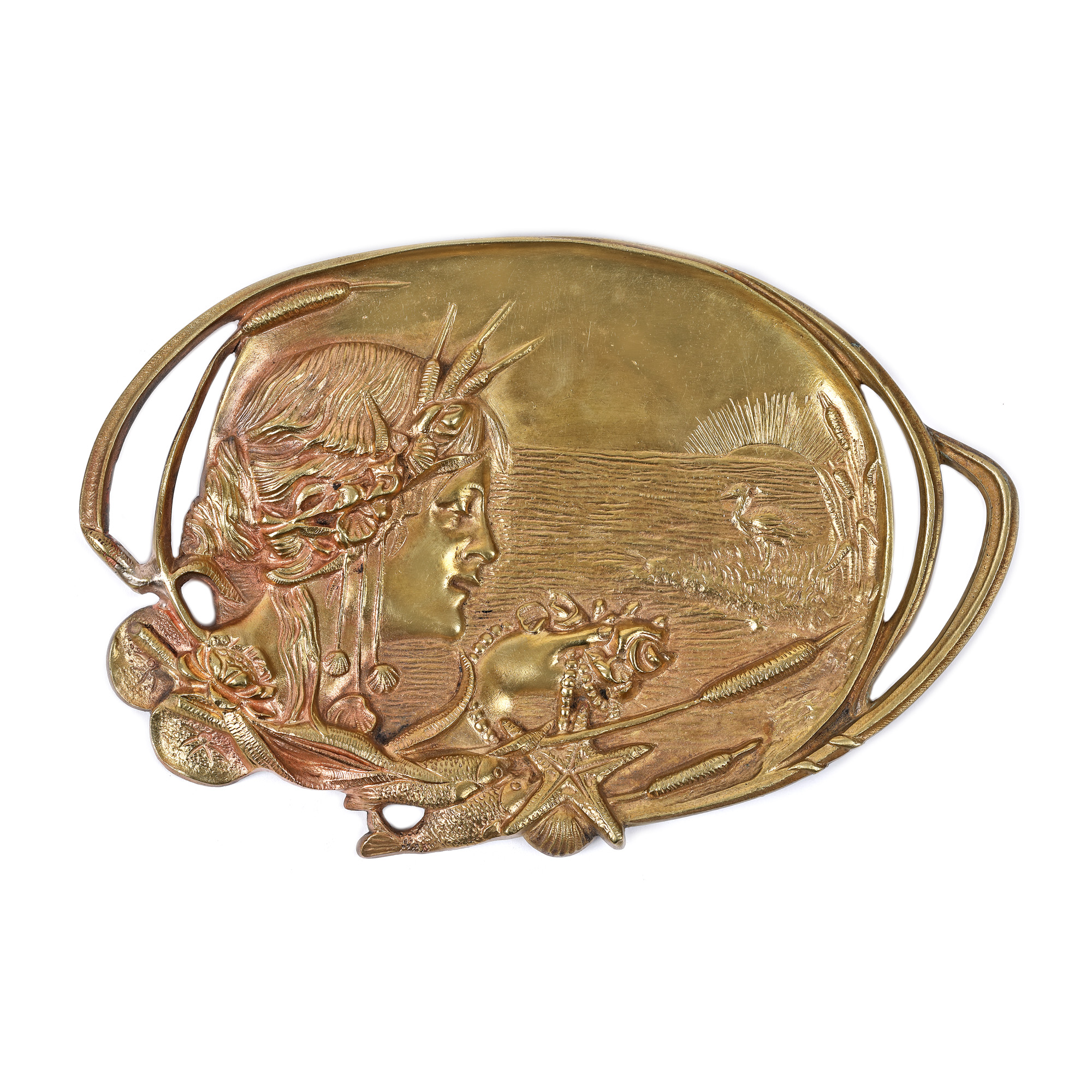 Vide-poche Art Nouveau din bronz doré, decorat cu profil de zână a apelor, cca. 1900