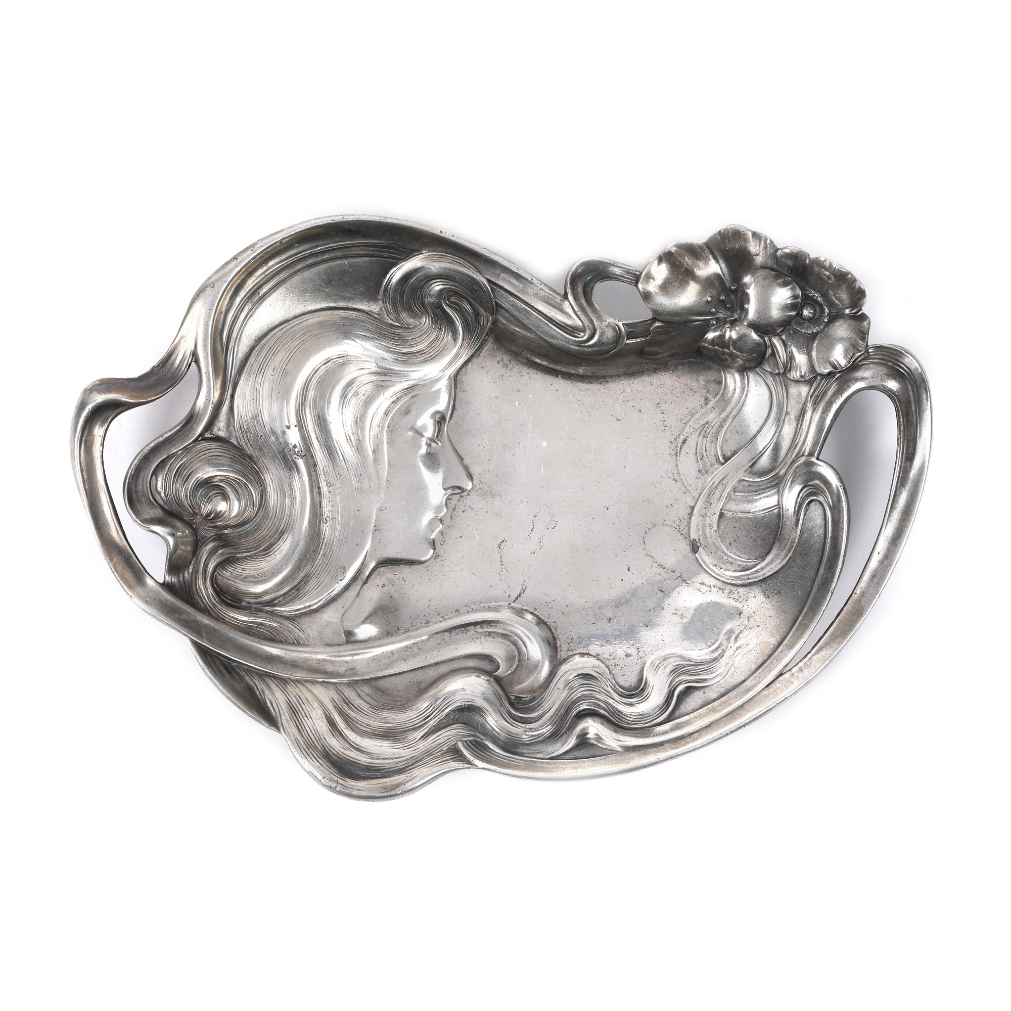 Vide-poche WMF în stil Art Nouveau, decorat cu profil de femeie, cca. 1886-1903