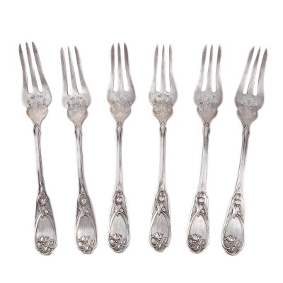 Set de șase furculițe în stil Art Nouveau, decorat cu flori de nufăr, cu marca celebrului retailer Grands Magasins du Louvre, prima jumătate a sec. XX