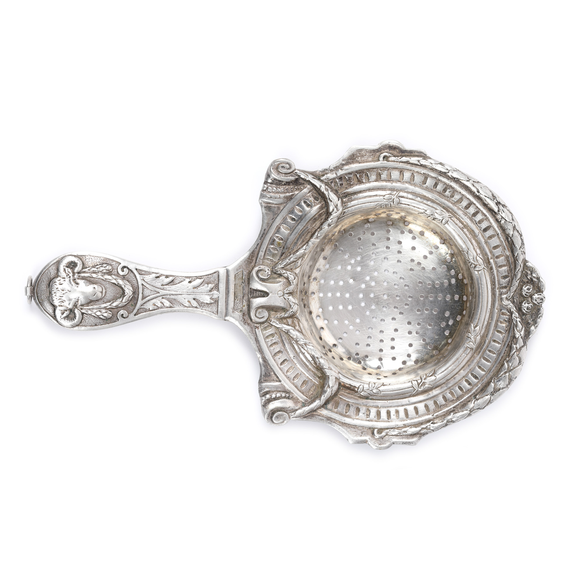 Neo-Classical silver colander decorated with ram's head and laurel wreaths, 19th century