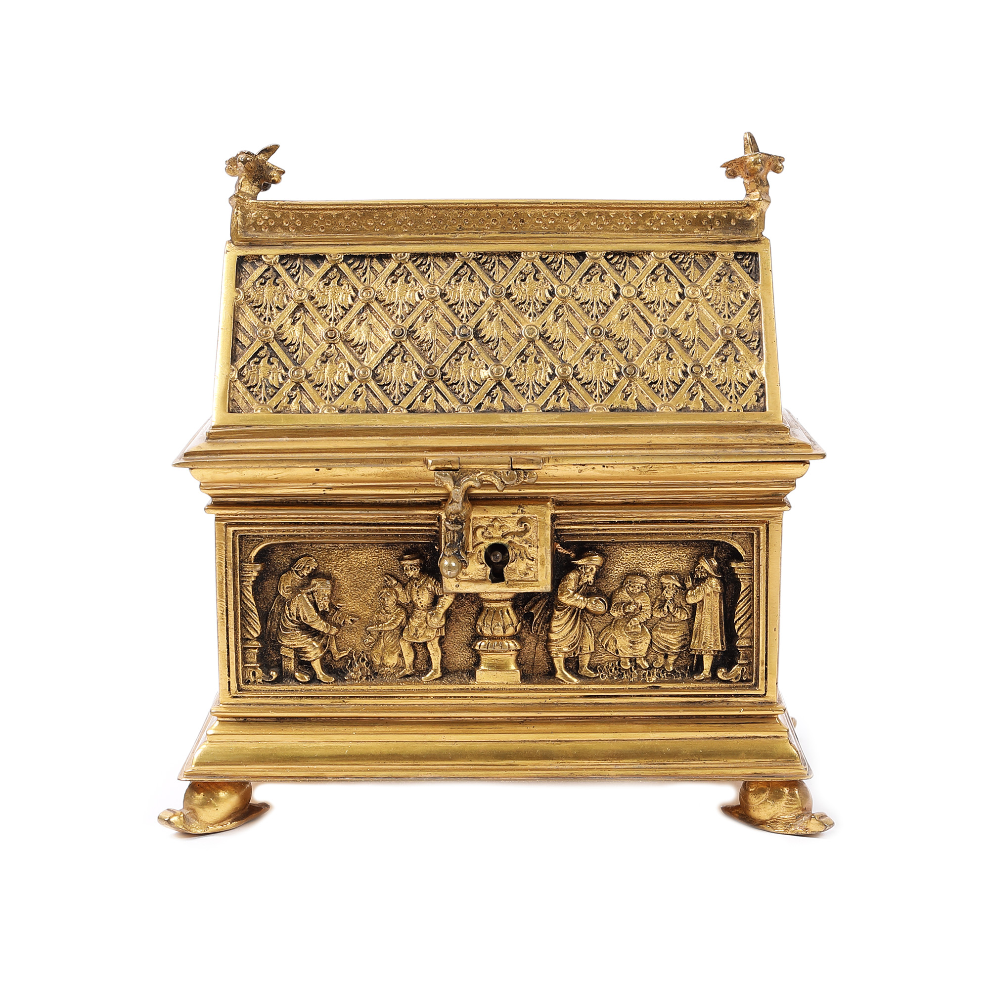 Cutie Gothic Revival din bronz doré, decorată cu scene medievale, a doua jumătate a sec. XIX