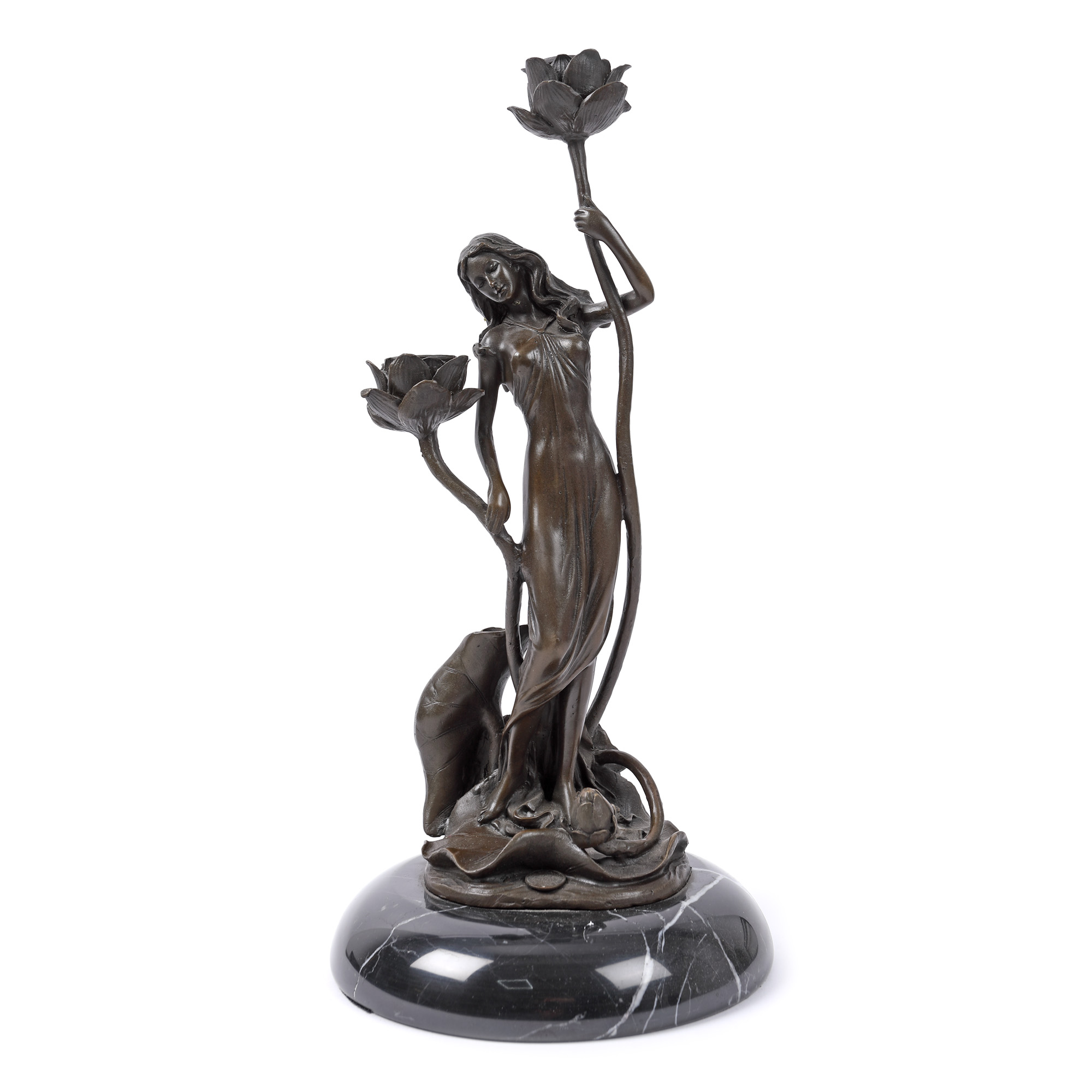 Sfeșnic Art Nouveau cu două lumini, din bronz, cu soclu din marmură, decorat cu naiadă, prima jumătate a sec. XX