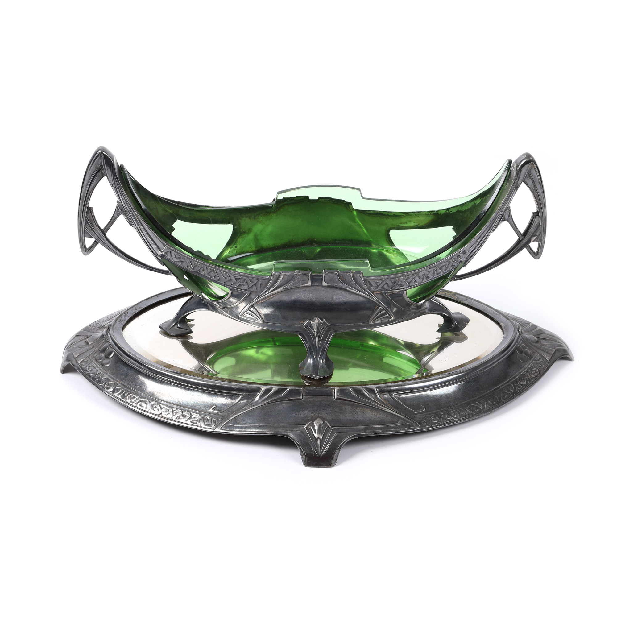 Jugendstil fruit bowl with tray, with original crystal bowl, decorated with stylized vegetal motifs, approx. 1900-1910