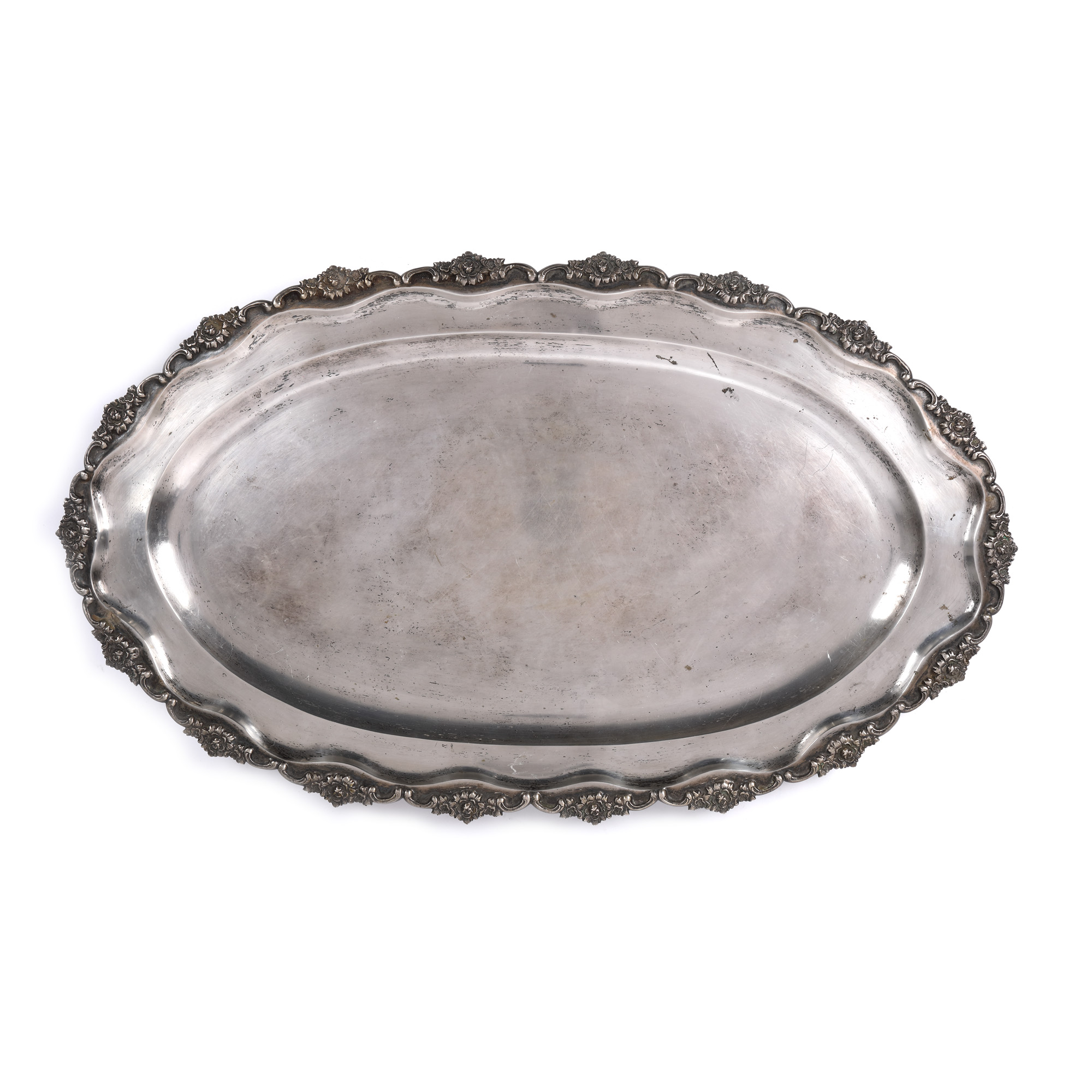Large silver tray, decorated with floral border, interwar period