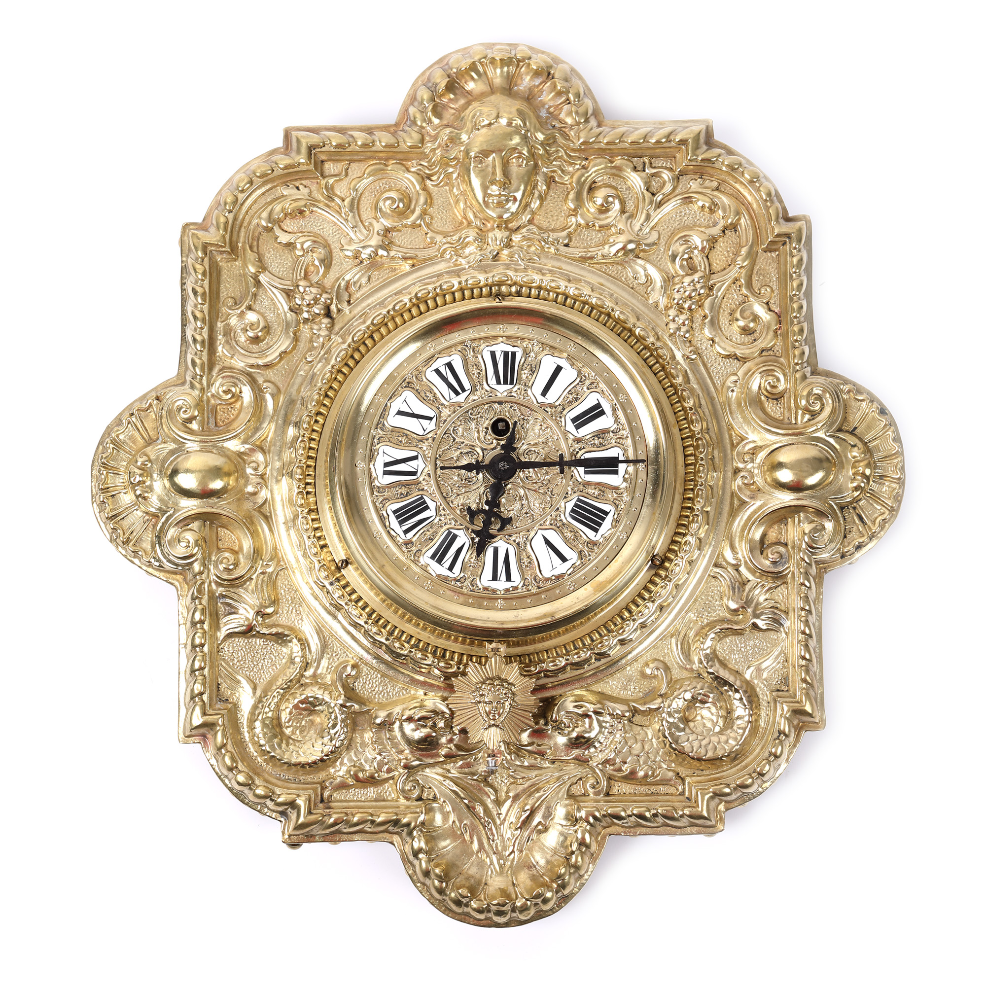 Renaissance Revival wall clock with Manufacture d'Horlogerie Eugène Farcot mechanism, decorated in repoussé, approx. 1880