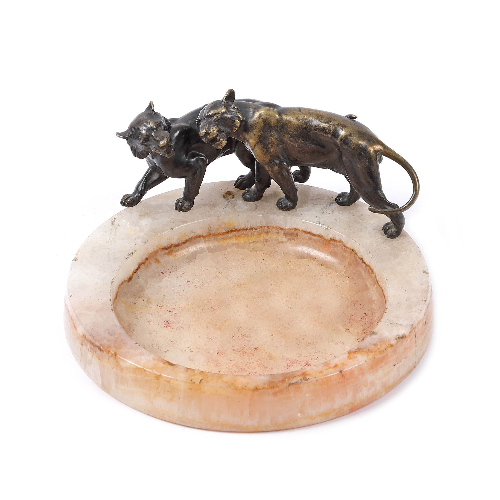 Art Deco marble Vide-poche, decorated with a family of bronze tigers, approx. 1930