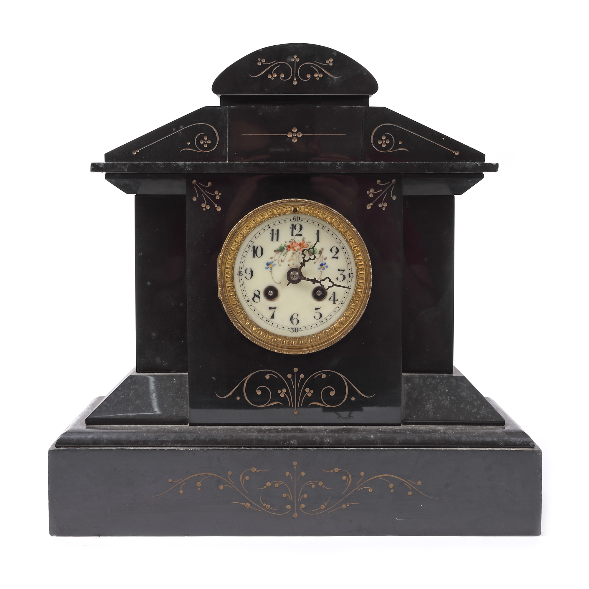 Black marble Neo-Classical clock with Japy Frères mechanism, decorated by engraving with vegetal vines, approx. 1880