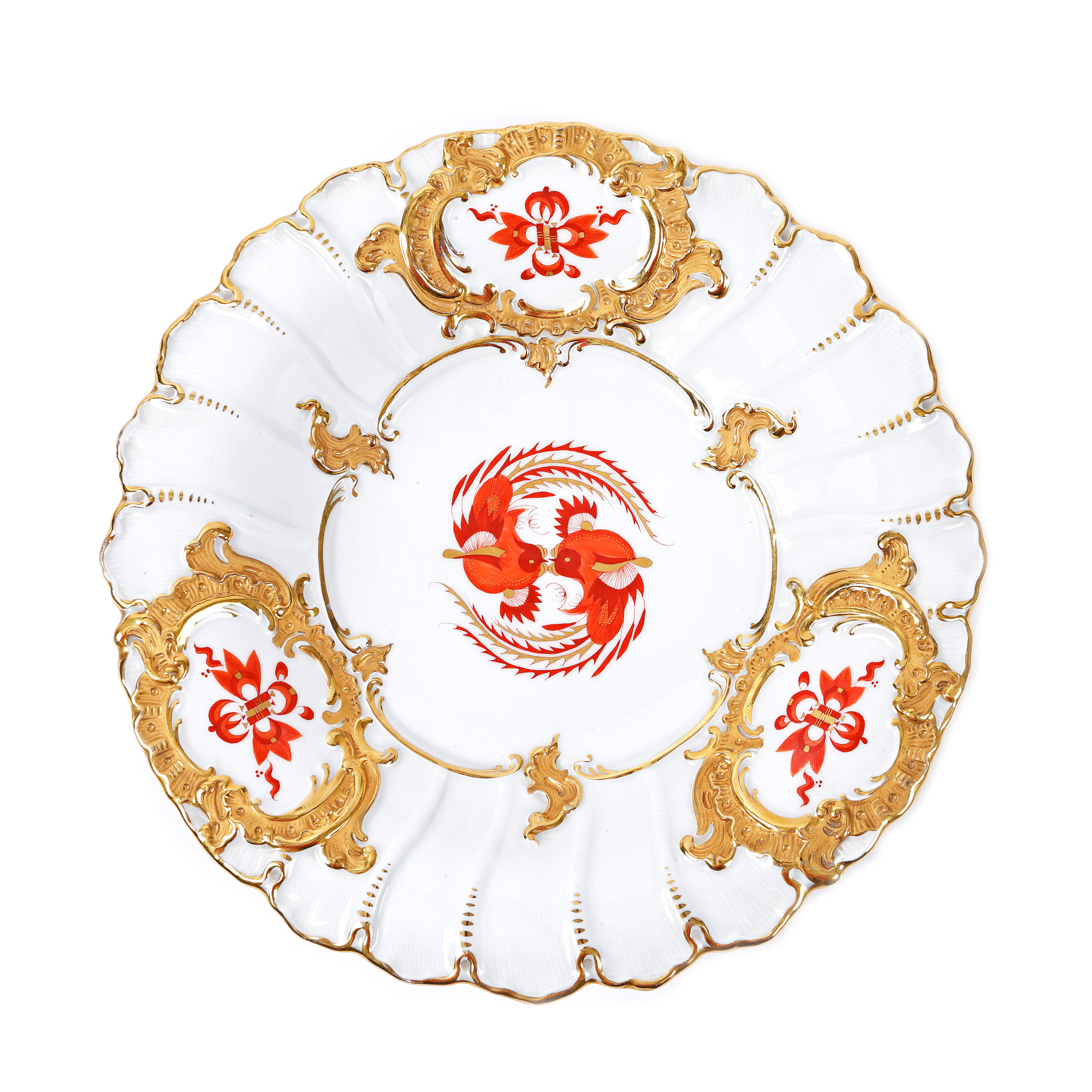 Fructiera Biedermeier din porțelan Meissen, cu decor chinoiserie, pictat manual cu email și aur, sec. XIX, provine din colecția Moise Weinberg