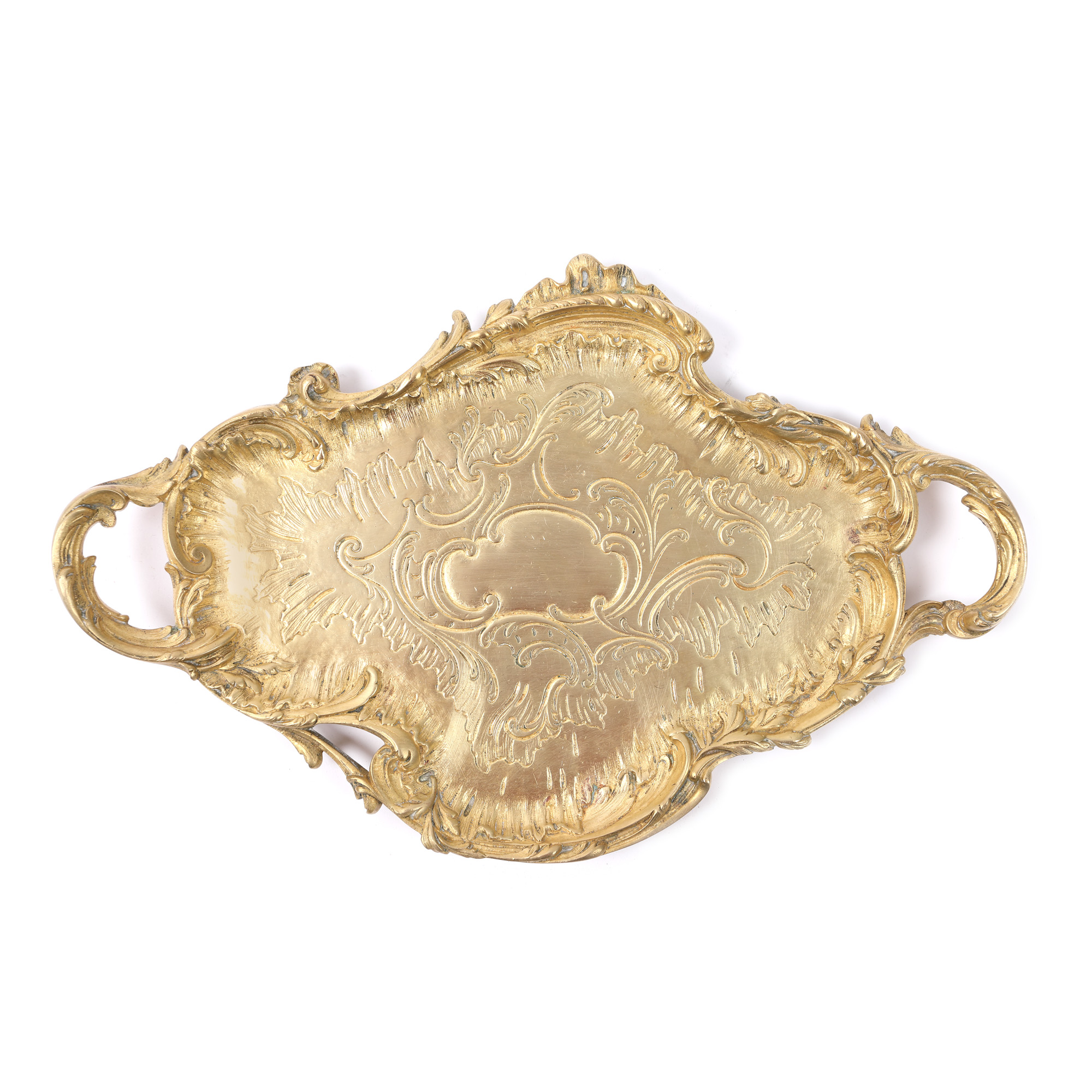 Platou Belle Époque din bronz doré, cu decor vegetal gravat manual, sfârșitul sec. XIX