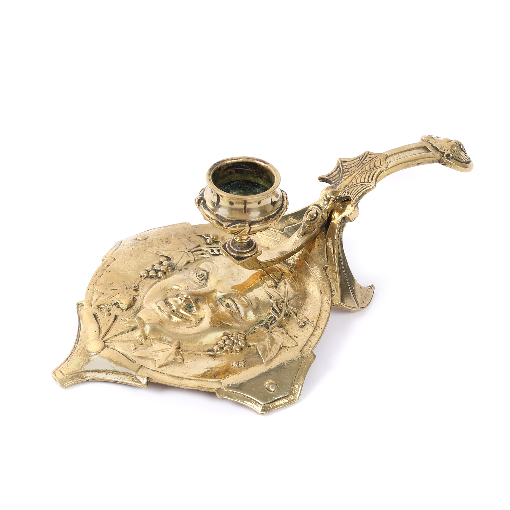 Sfeșnic Belle Époque de mână din bronz doré, decorat cu figura lui Bacchus, zeul vinului, cca. 1880, provine din colecția Moise Weinberg