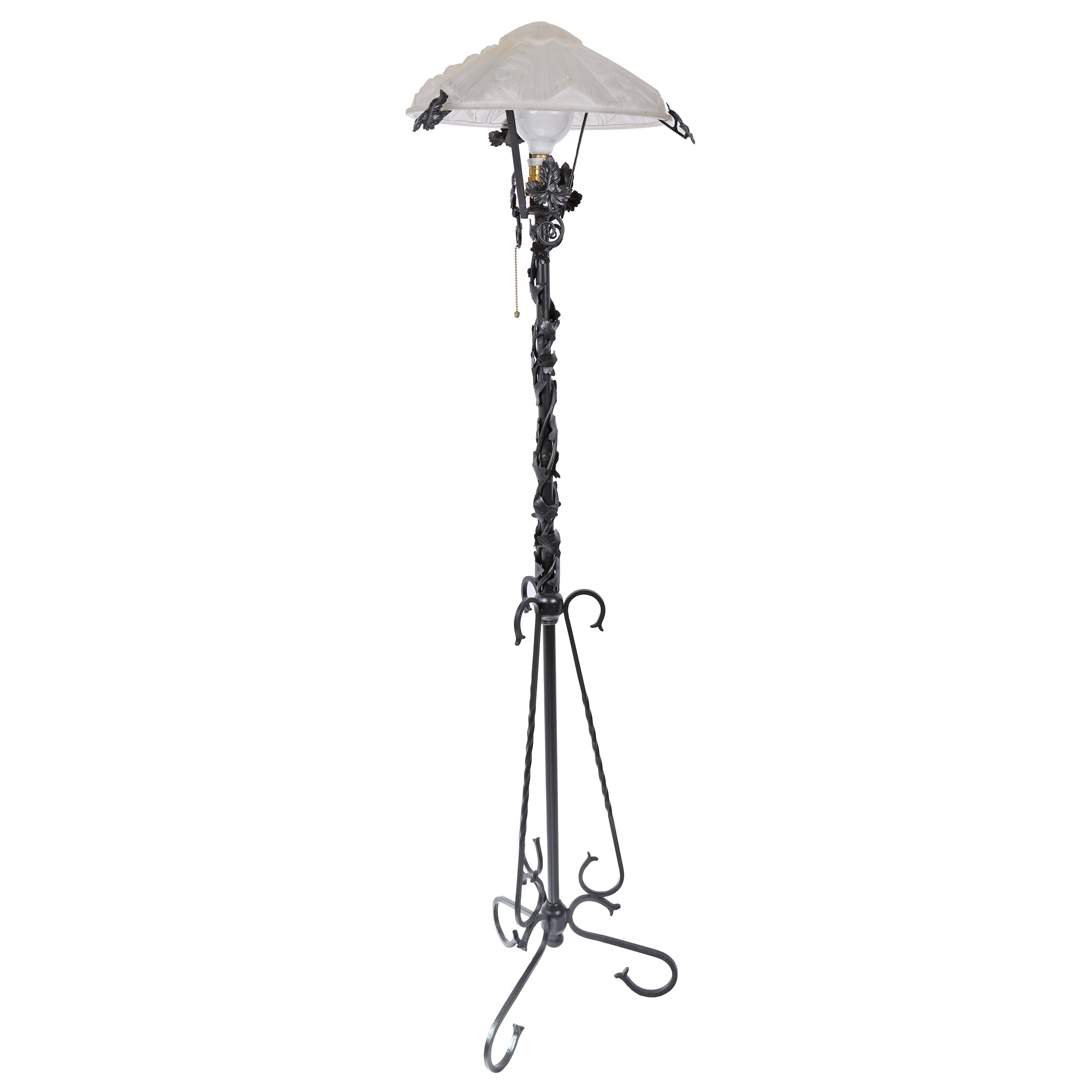 Wrought iron Art Deco lamp, shade decorated with city lights, approx. 1930
