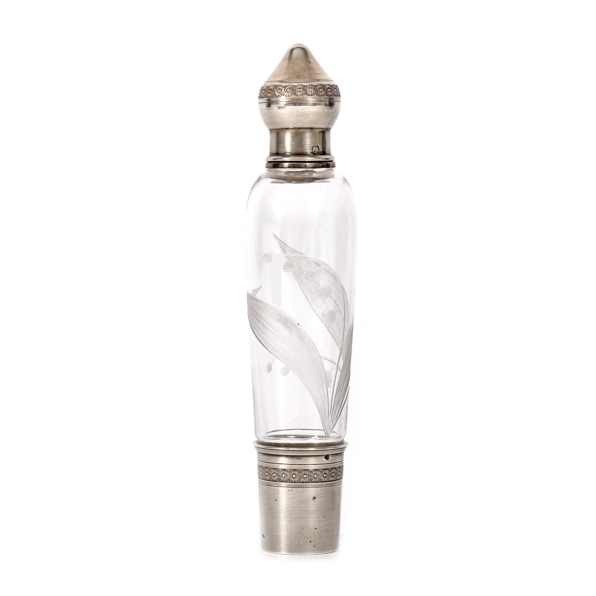 Drinks bottle with removable glass, crystal and silver mount, Joseph Crossard, approx. 1900-1910, with original box