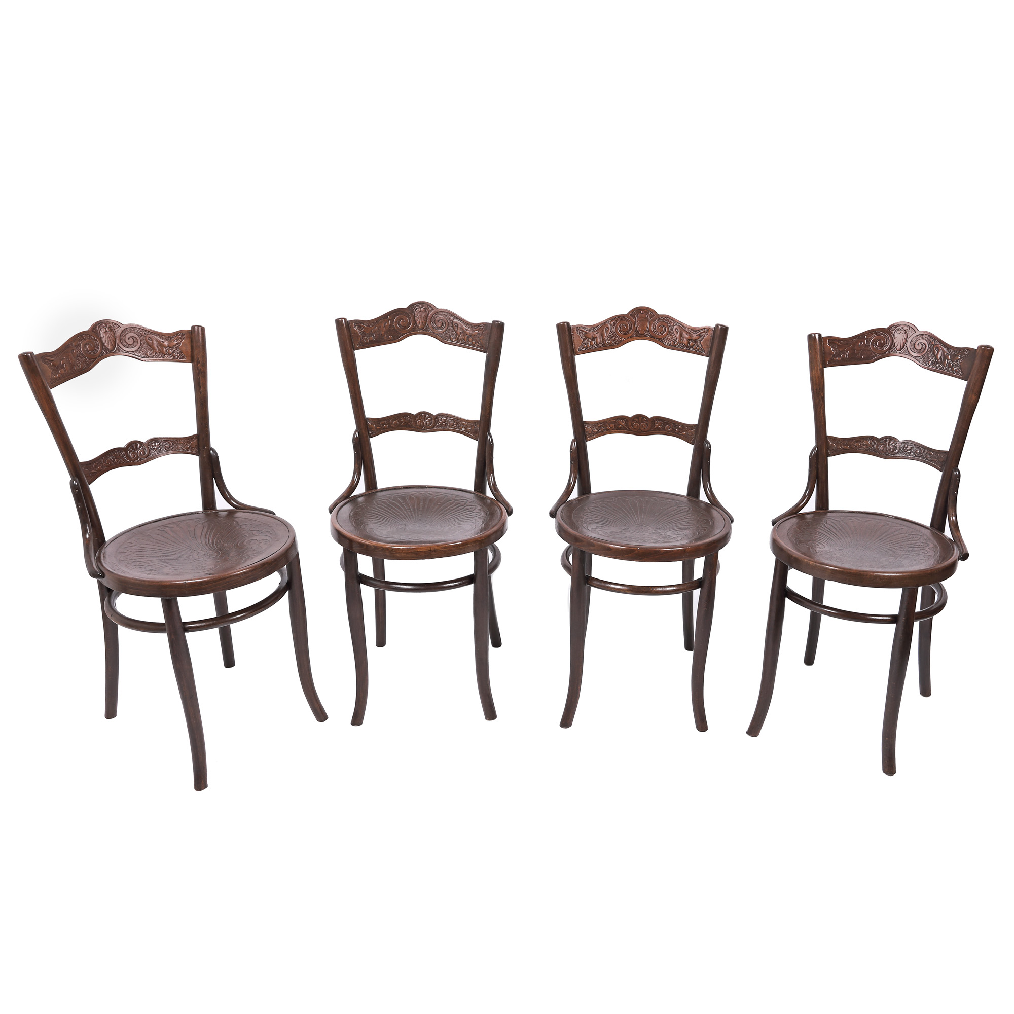 Set of four chairs made in Pâncota Arad factory, Transylvanian Art Nouveau style, decorated with stylized vegetal motifs, first decades of the 20th century