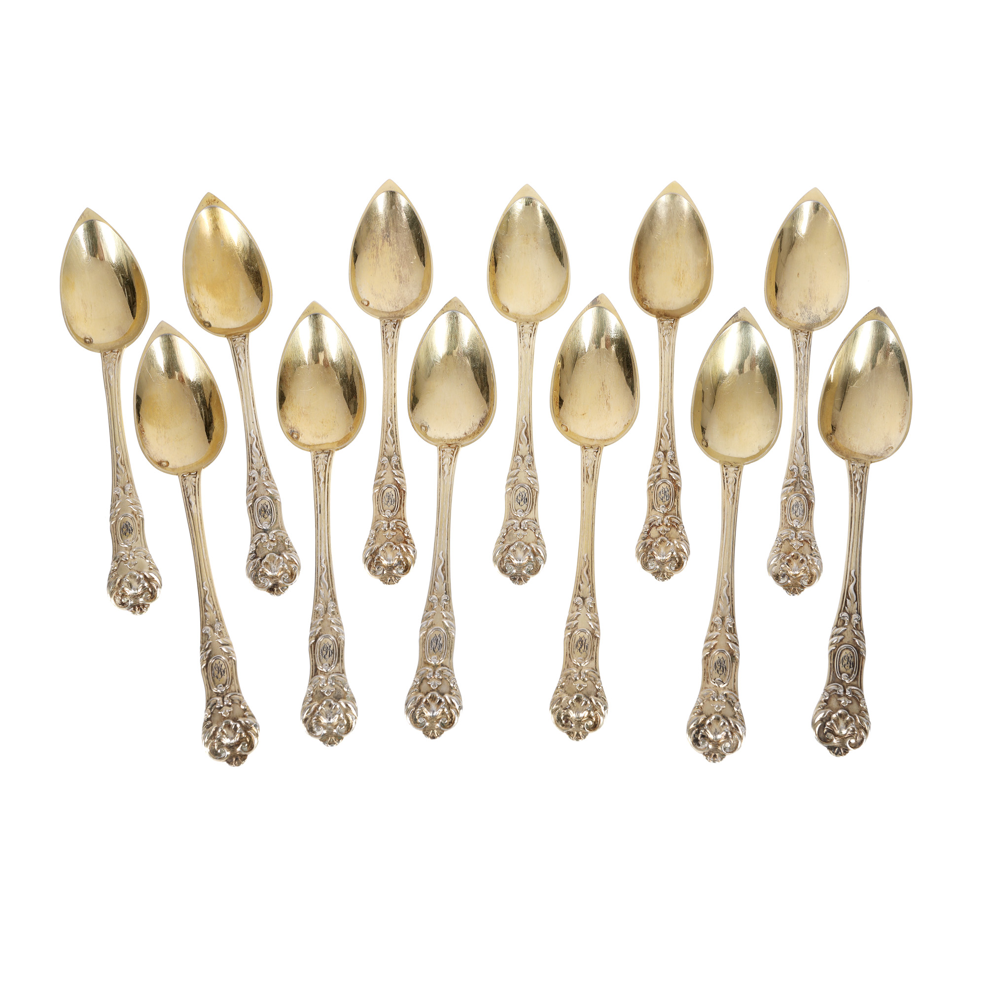 Set de 12 lingurițe din argint aurit, decorat cu monogramă și motive vegetale, atelier Charles Harleux, cca. 1891-1900, însoțit de cutie originală