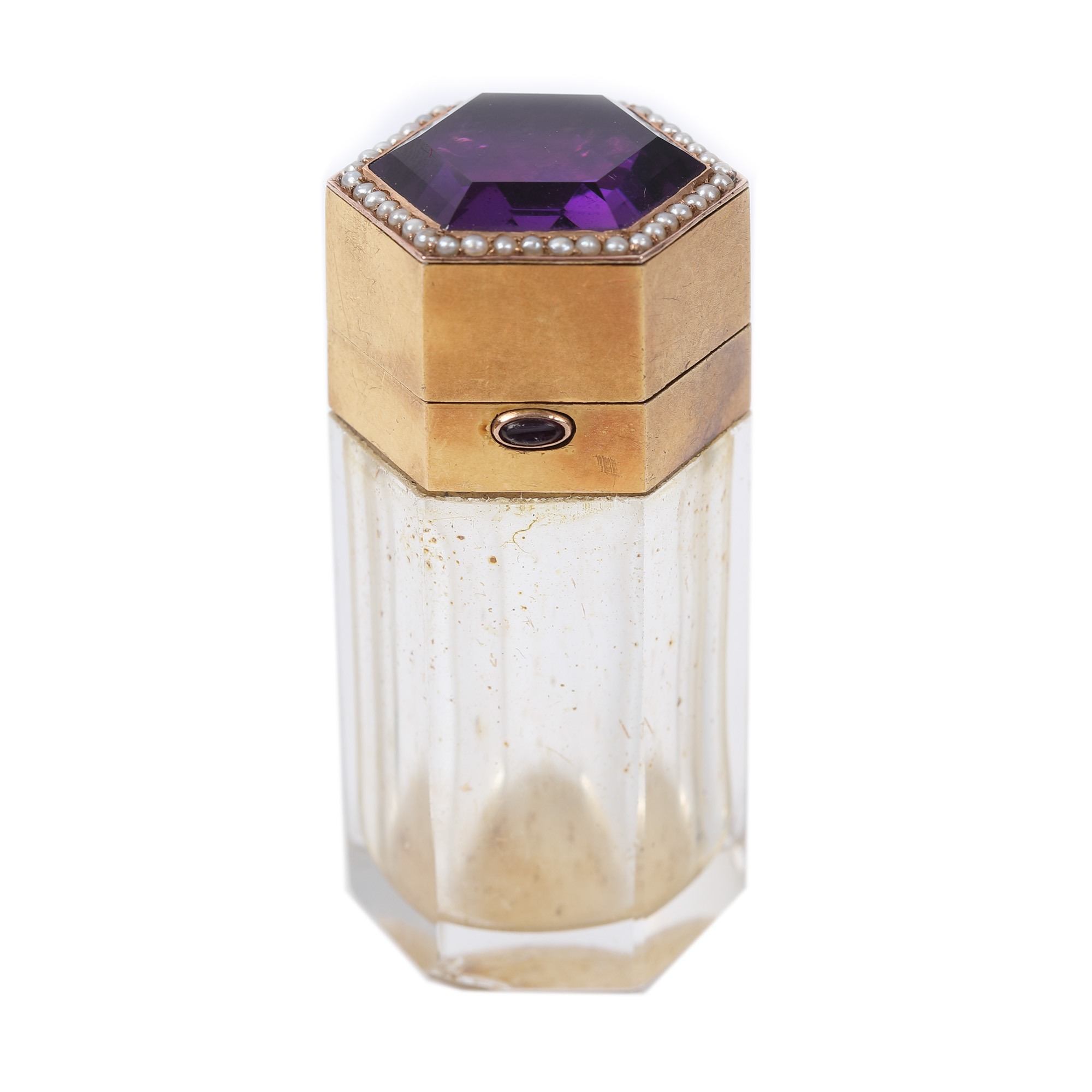Glass perfume bottle with gold frame, decorated with sead pearls and amethysts, approx. 1900, from the Arthur Verona family collection