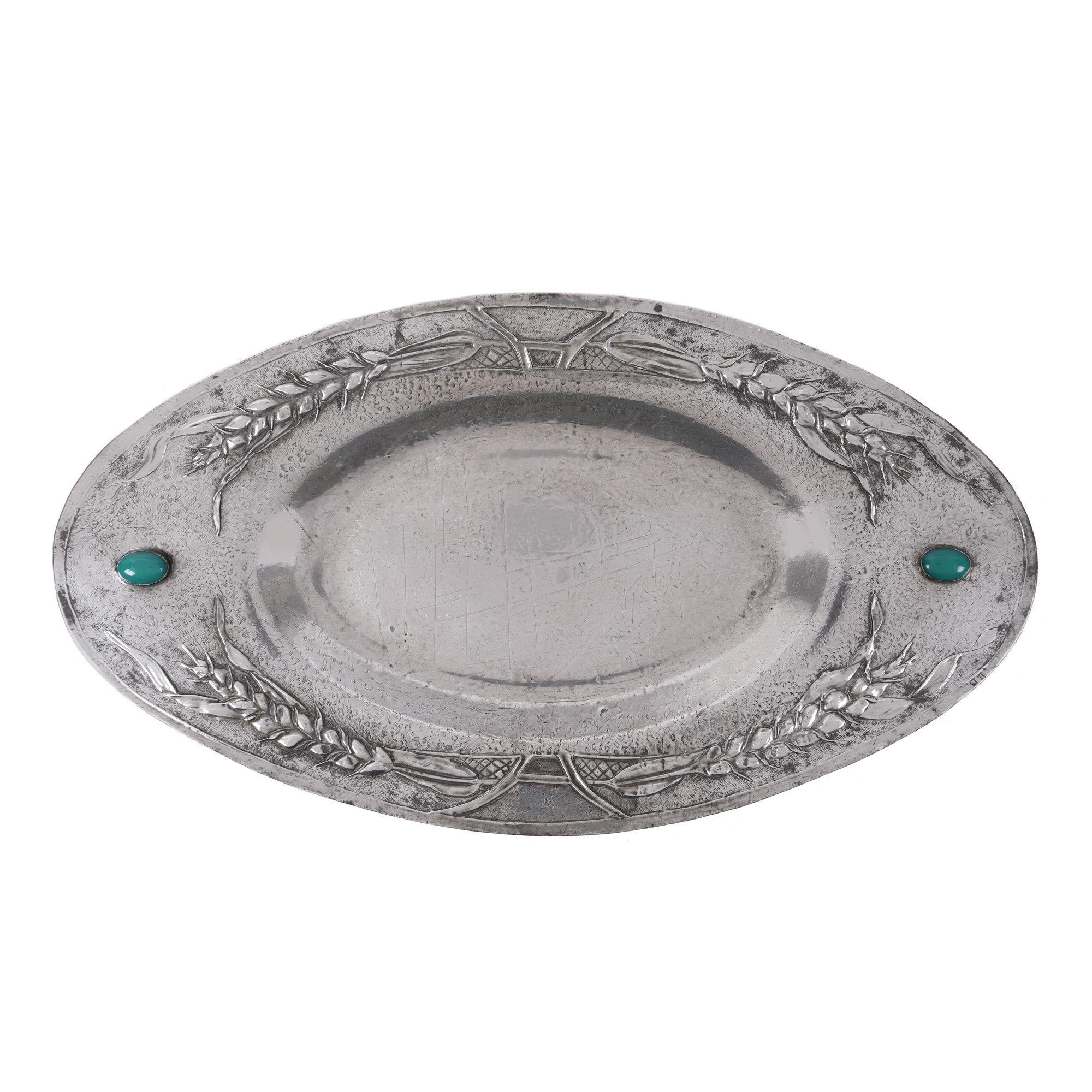 Platou Art Nouveau decorat cu spice de grâu și pietre ornamentale, cca. 1900