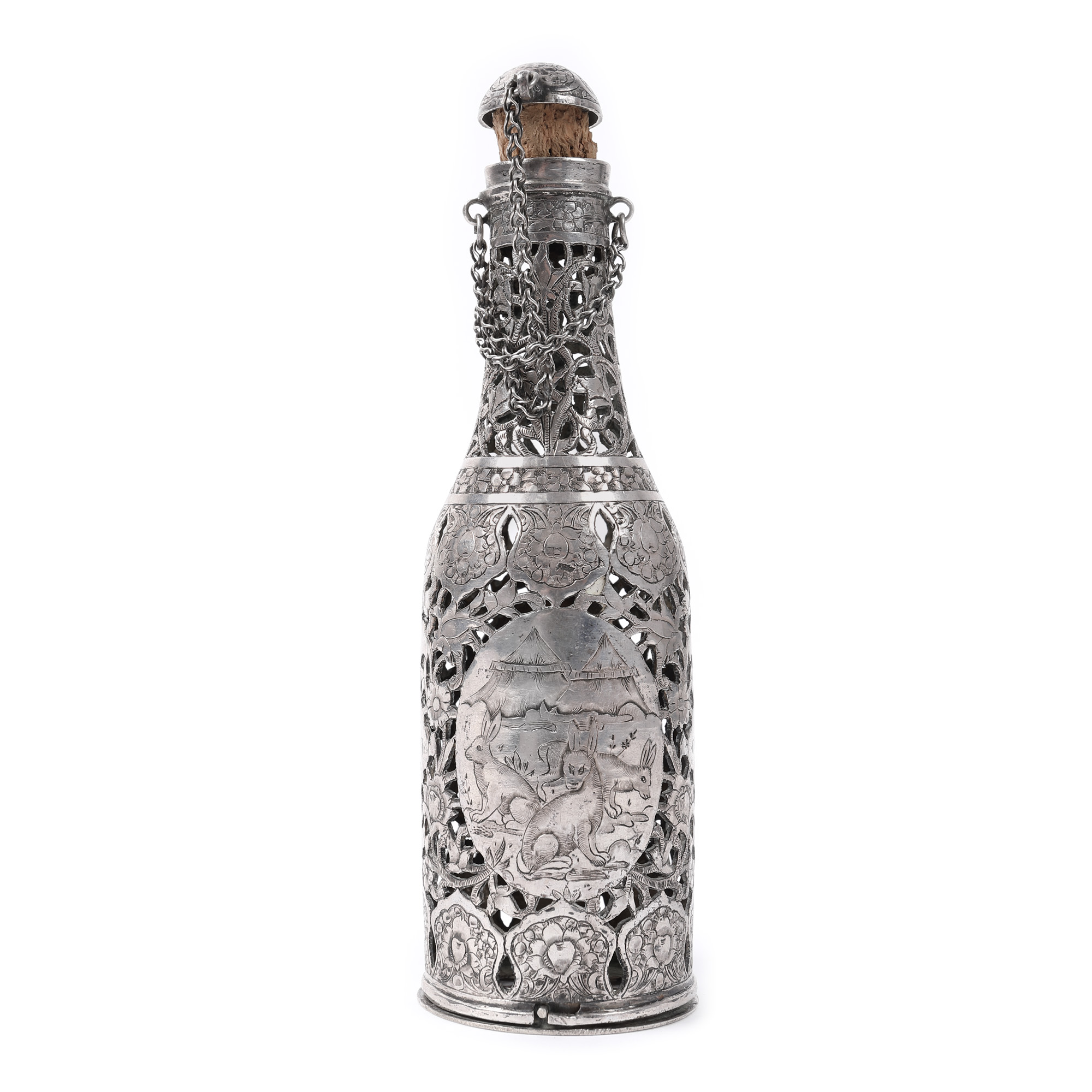 Engraved silver oriental flask, decorated with symbols of prosperity, approx. 1880-1900