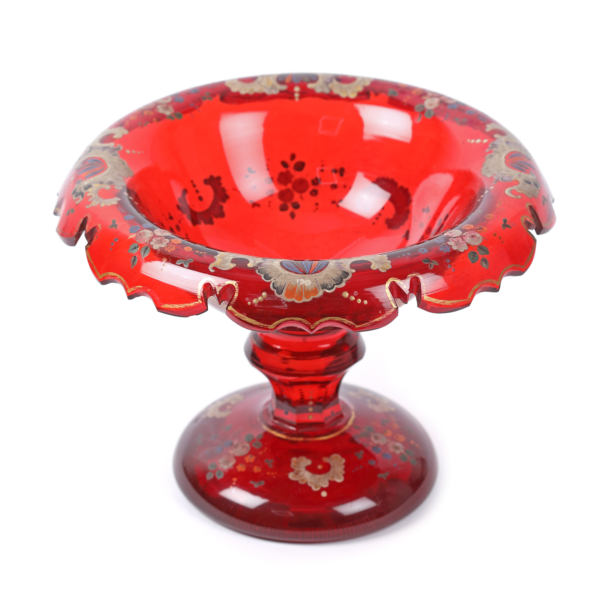 Fruit bowl with a leg of red Bohemian glass, painted with coloured enamels, approx. 1820-1840