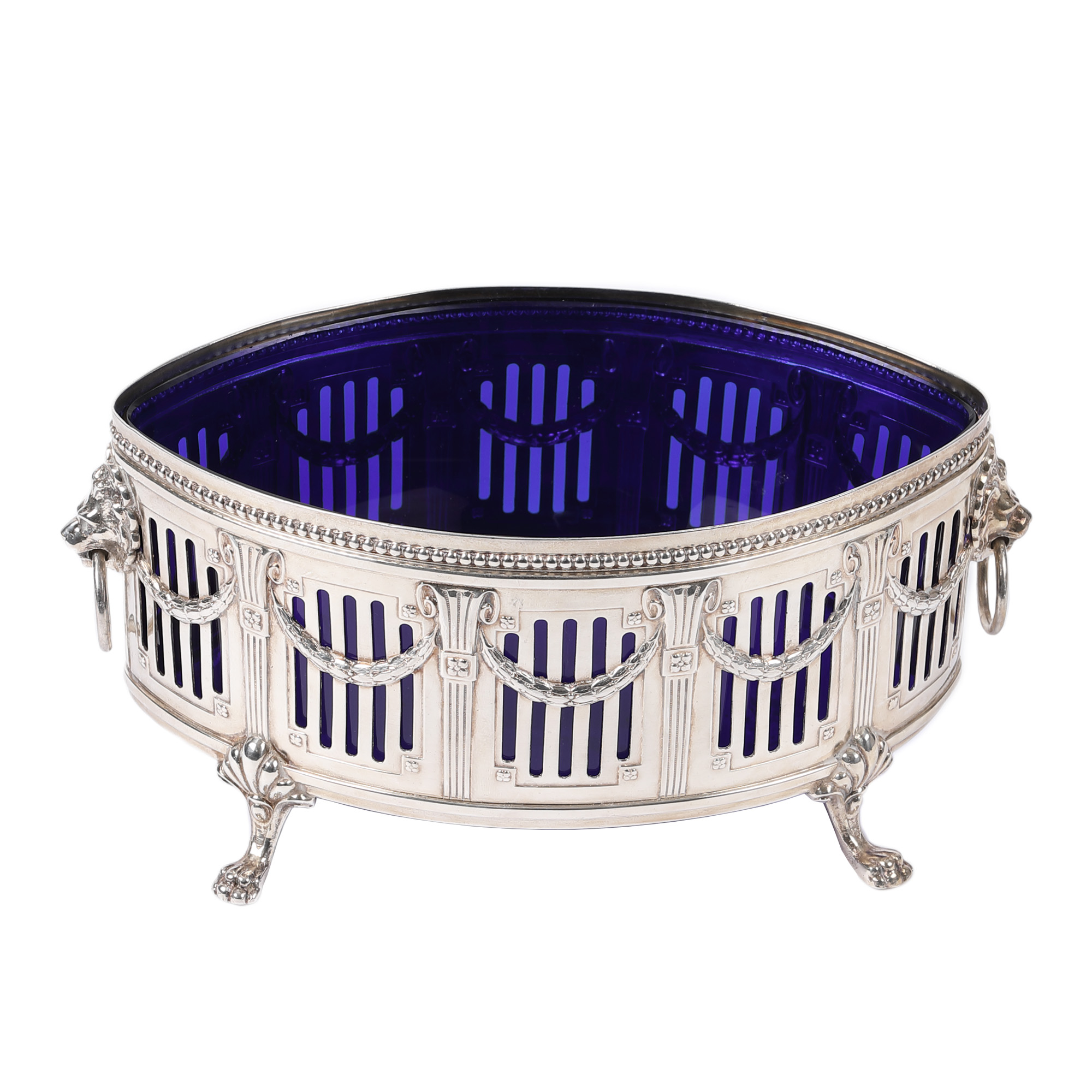 Fructieră WMF în stil Neo-Clasic, cu bol din sticlă cobalt, cca. 1903-1910